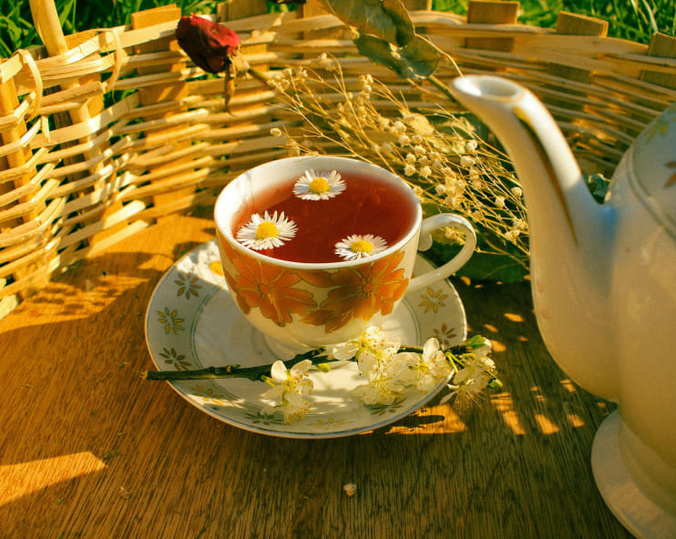 A floral teacup filled with pink tea, topped with floating daisies, sits on a wooden table. Nearby, white blossoms and a teapot create a serene, vintage picnic vibe.