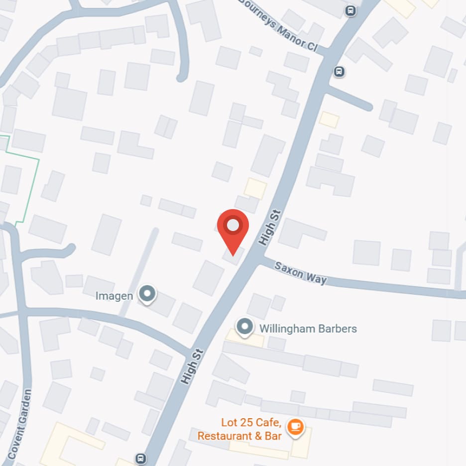 Map featuring High Street, marked by a red location pin near Saxon Way intersection, with nearby places like Willingham Barbers and Lot 25 Cafe.