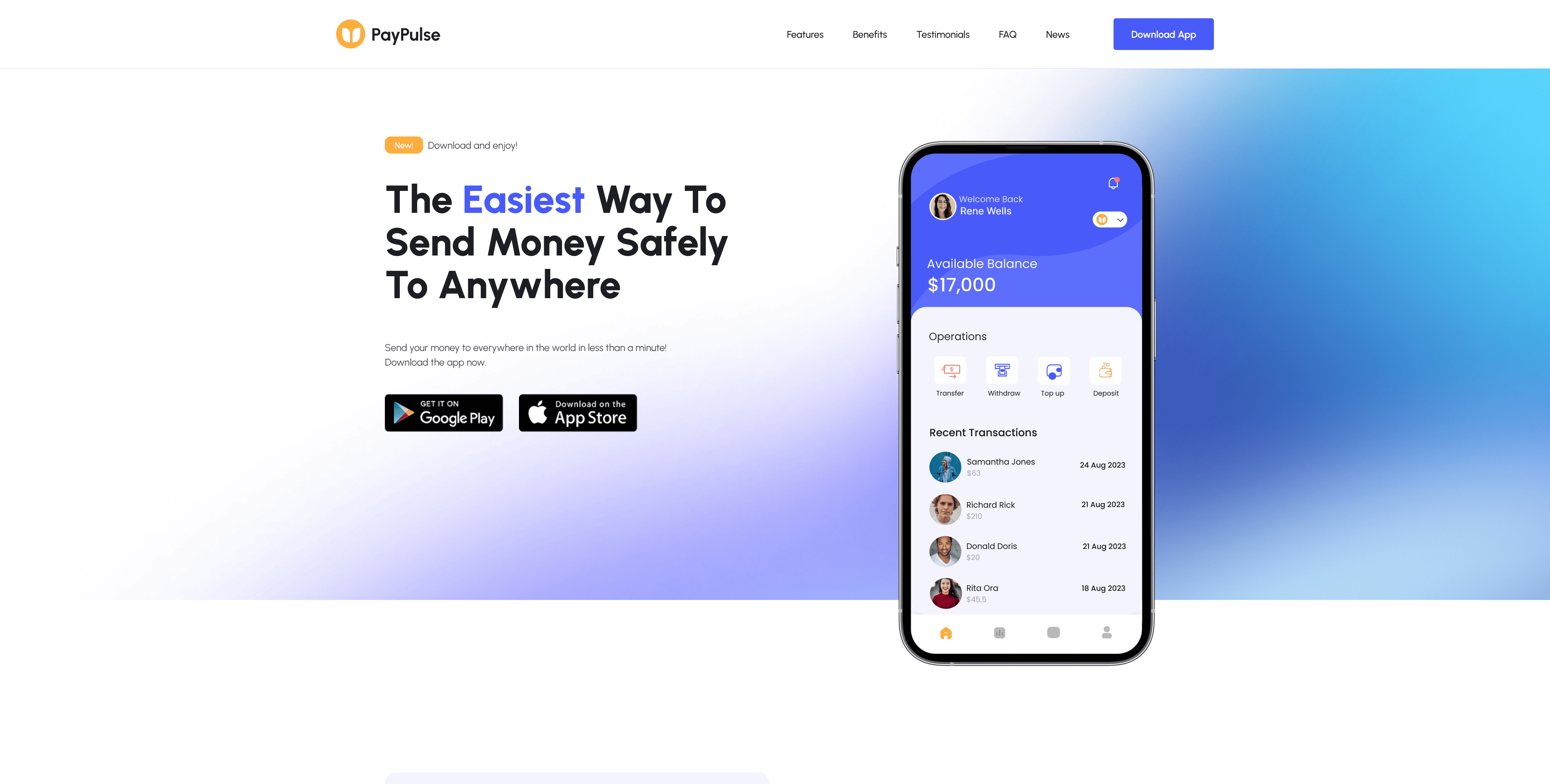 PayPulse app homepage with a phone showing a $17,000 balance and the tagline 'The Easiest Way To Send Money Safely Anywhere,' plus App Store and Google Play buttons on a clean white-to-blue gradient background.