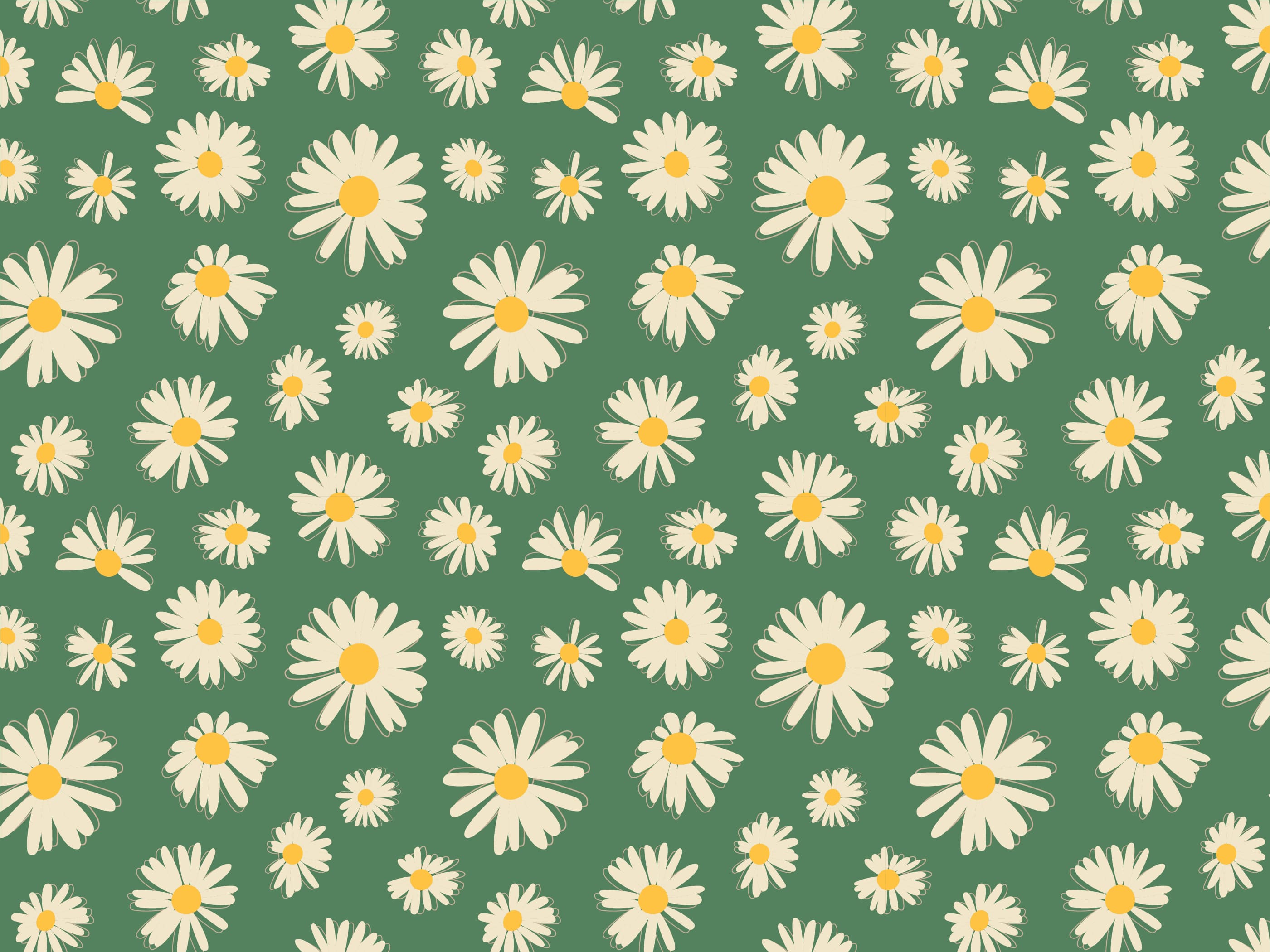 Pattern of white daisies with yellow centers on a green background. The repeated floral design creates a cheerful and fresh springtime feel.