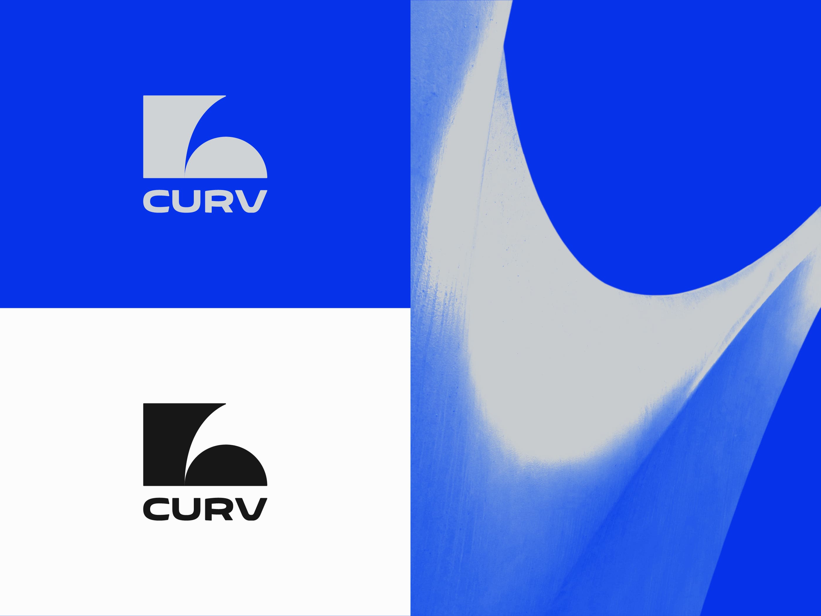 Abstract image divided into quadrants; two feature the CURV logo with geometric shapes in blue and black, while the right side shows a dynamic, curved form.