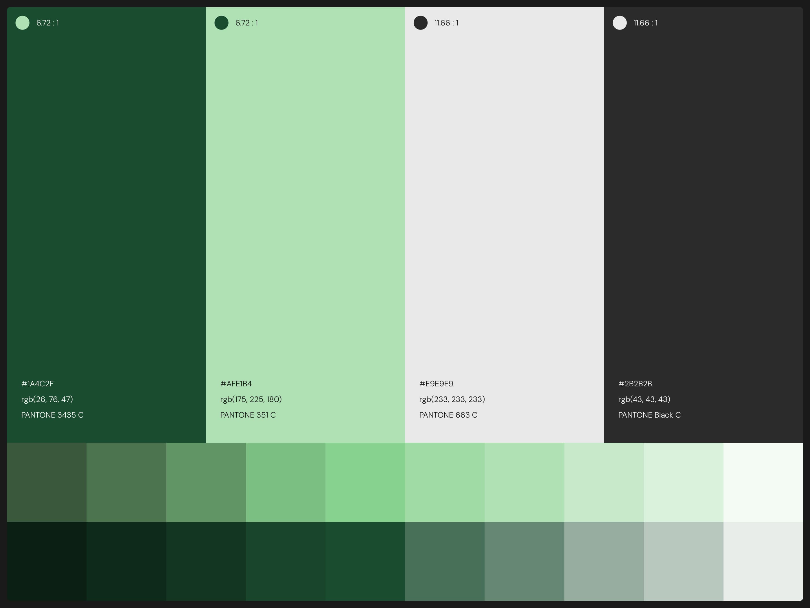 A logo color palette with four vertical rectangles: dark green, light mint, light gray, and dark gray. Below are gradient variations of each main color.