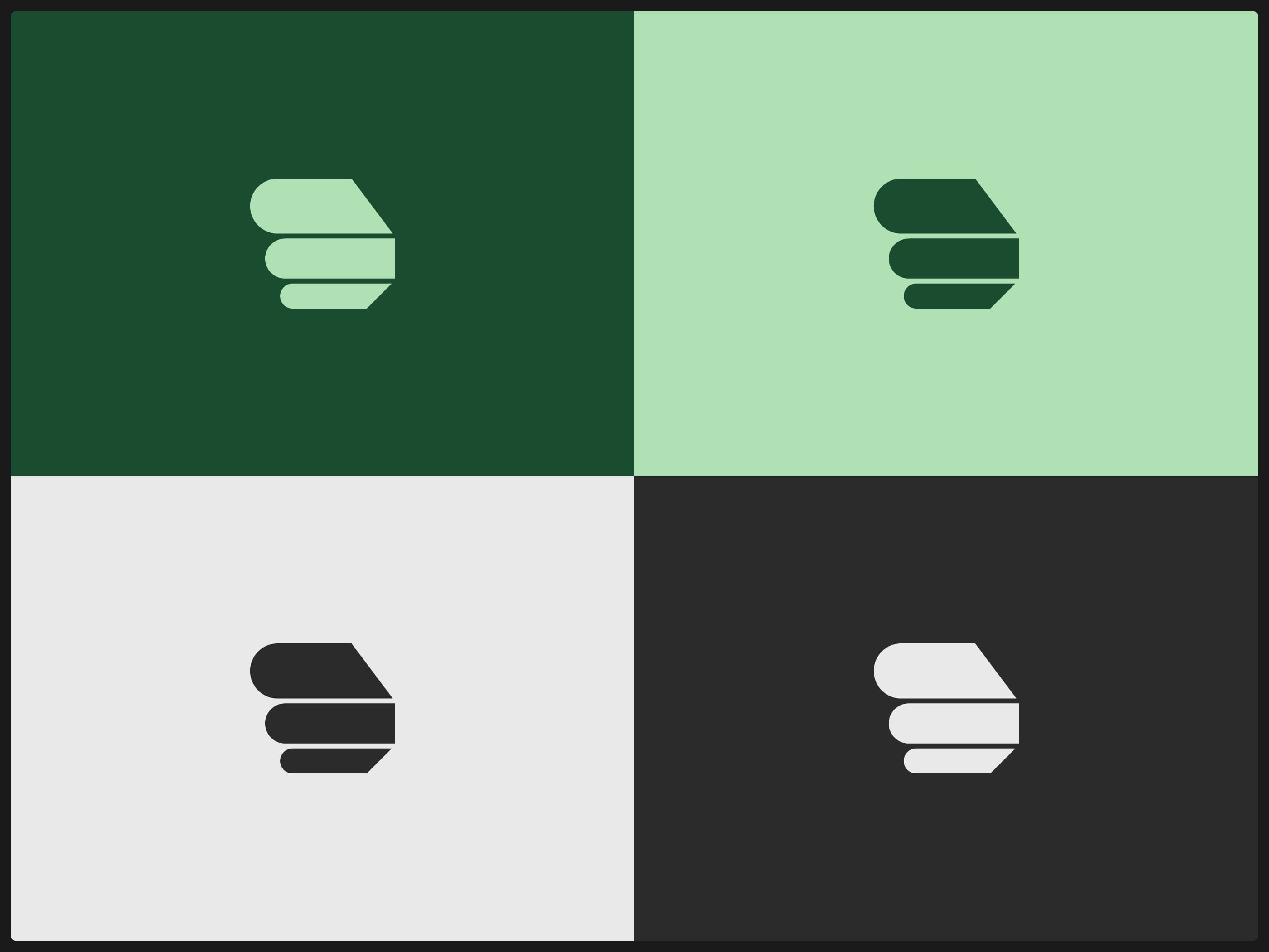 A symmetrical grid of four squares, each displaying a logo with three curves stacked on top of each other. Colors alternate between dark green, light green, white, and dark gray backgrounds.