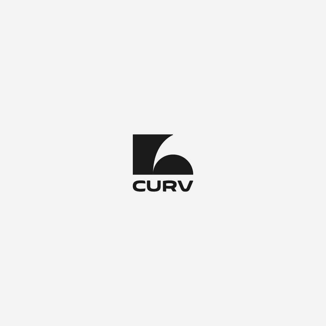 Black and white logo featuring stylized wave with sharp curves inside a square, above the word CURV in bold, modern font. Minimalist design.