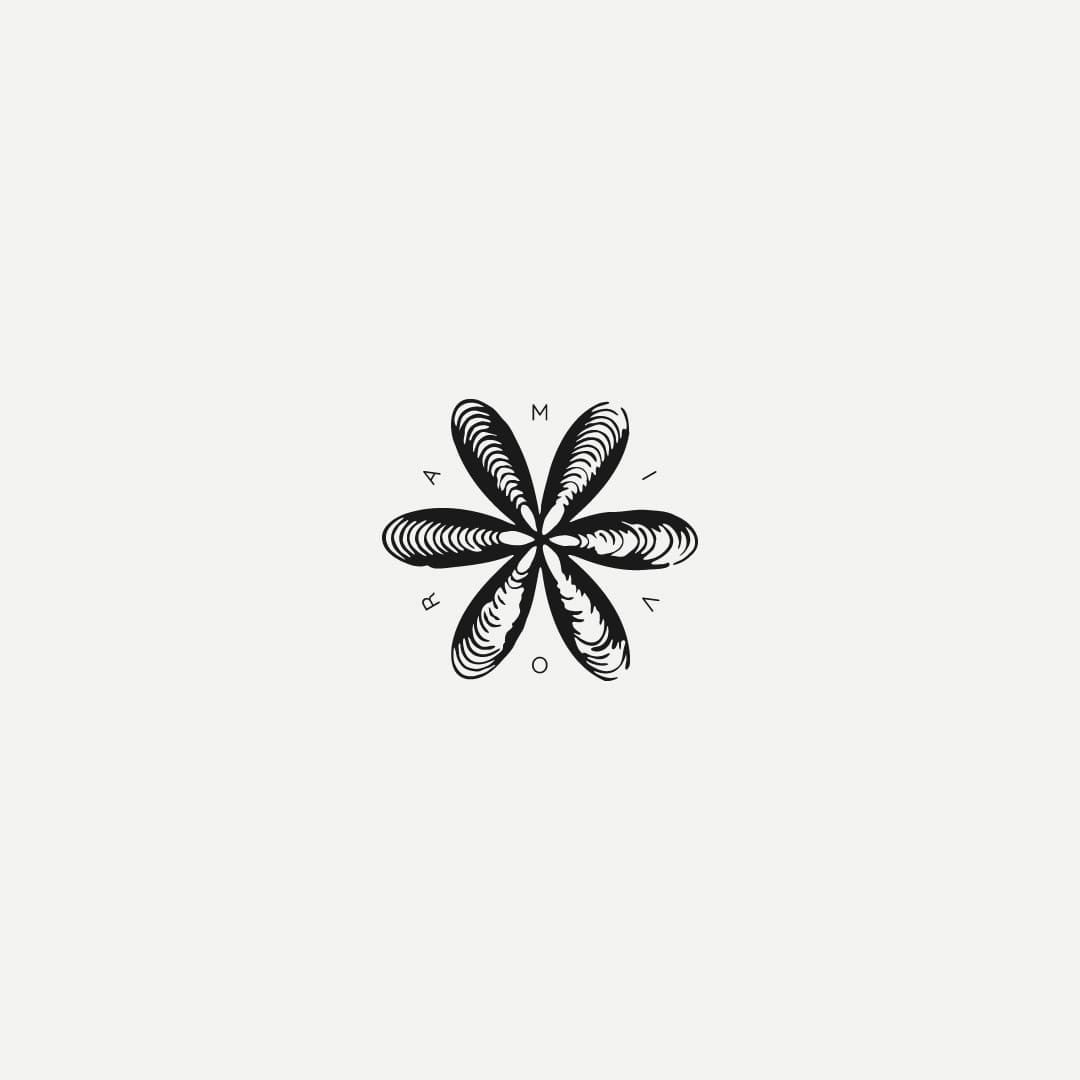 Abstract black and white logo design resembling a stylized flower with six petals, featuring layered patterns. The word Mivora encircles the design. Minimalist aesthetic.