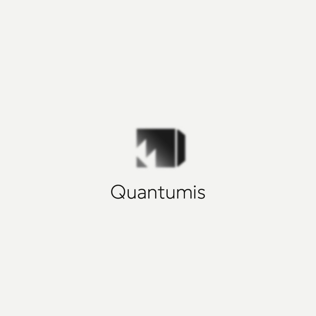 Grayscale logo resembling a broken cube, accompanied by the text Quantumis below on a white background.