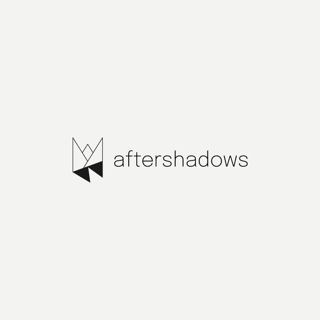 Minimalist logo featuring a geometric crown shape dropping a shadow next to the word aftershadows in sleek, modern font. The design conveys elegance and simplicity.
