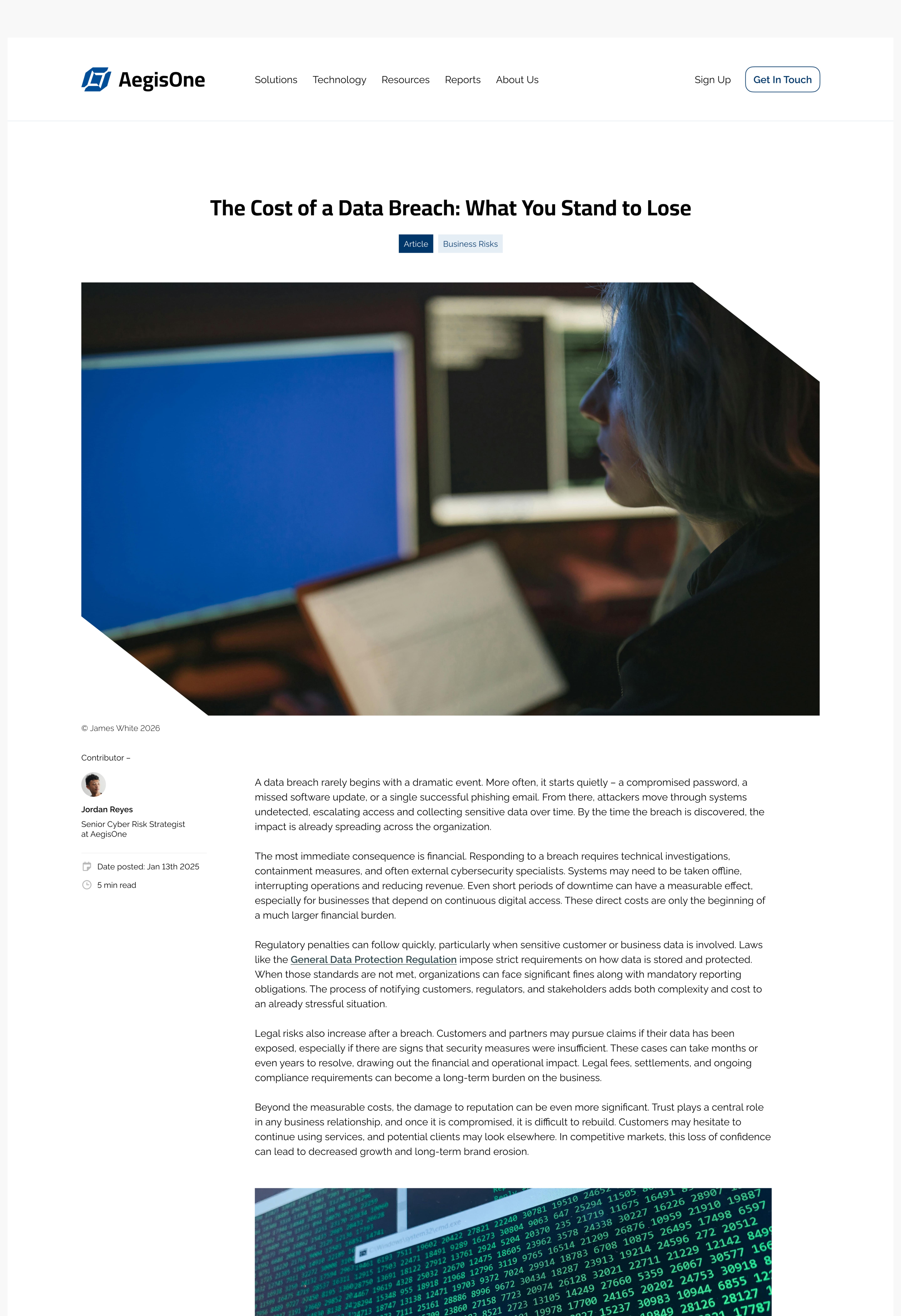 An article page exploring the cost of a data breach, illustrated with two striking visuals: one shows a woman working at a computer in a dimly lit environment, emphasizing tension and urgency; the other features cascading green code across a screen, evoking cybersecurity threats and digital vulnerability.