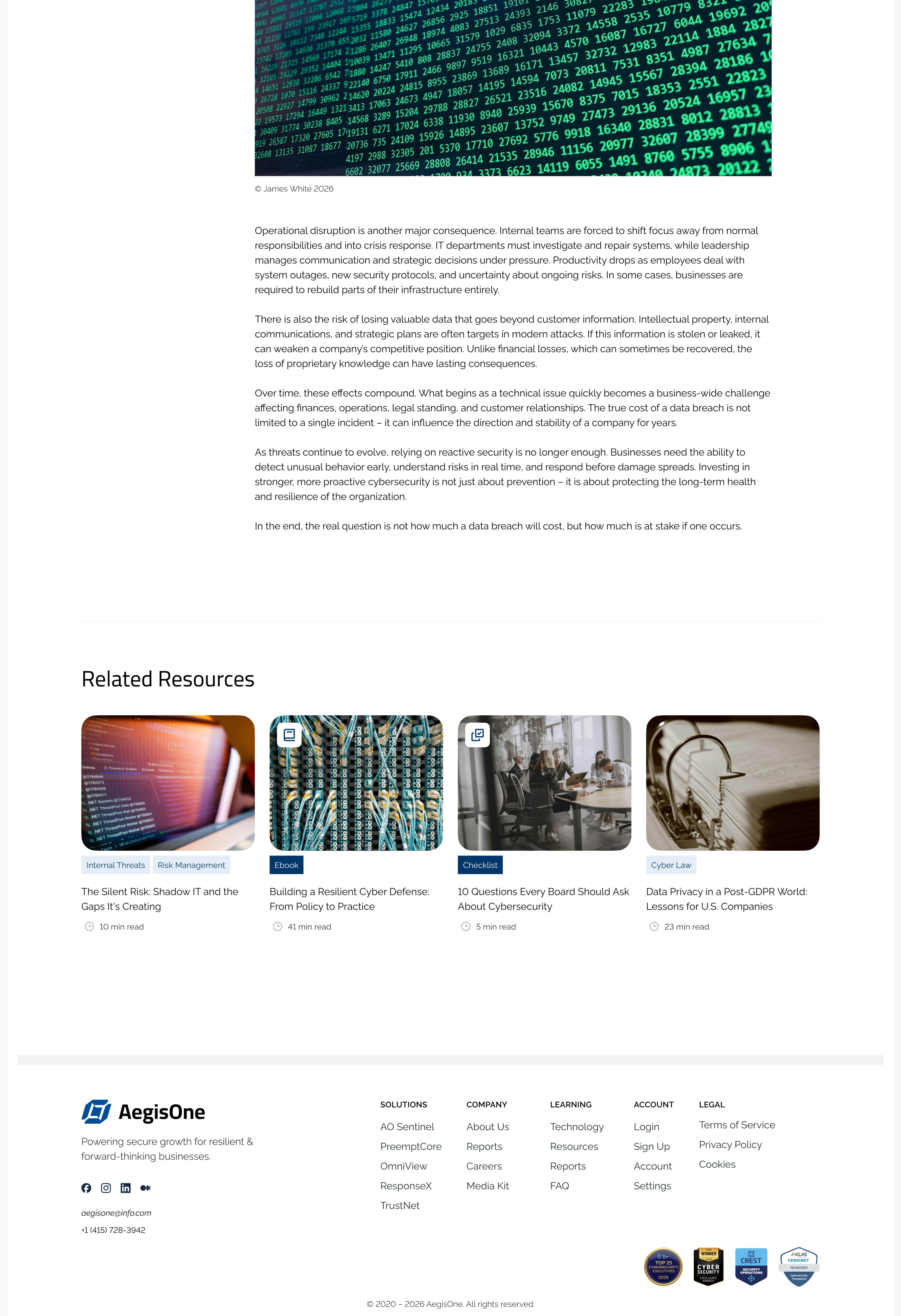 An article page exploring the cost of a data breach, illustrated with two striking visuals: one shows a woman working at a computer in a dimly lit environment, emphasizing tension and urgency; the other features cascading green code across a screen, evoking cybersecurity threats and digital vulnerability.