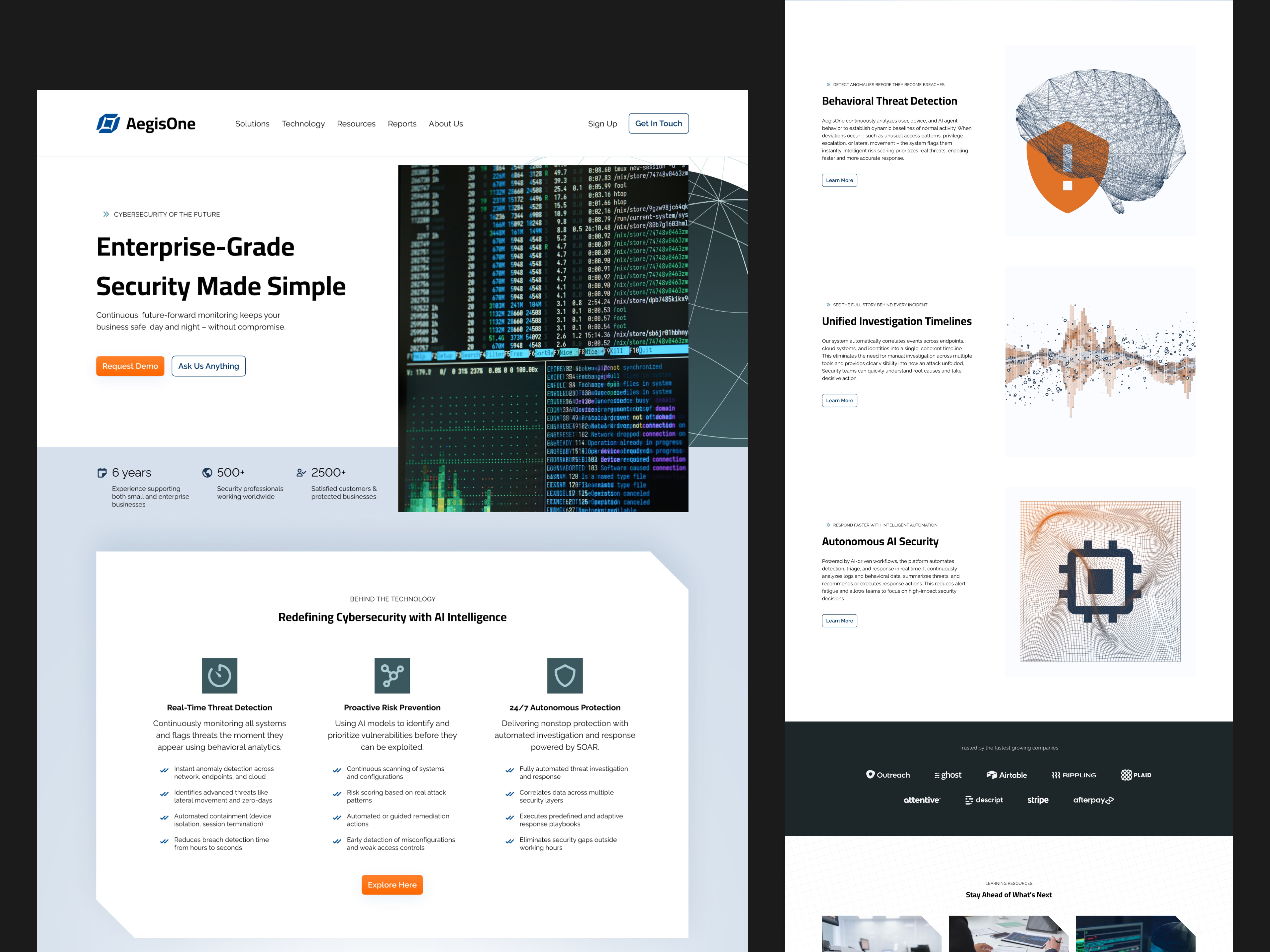 Clean enterprise cybersecurity website for AegisOne with headline “Enterprise-Grade Security Made Simple,” featuring system monitoring visuals, AI security features, and sections on threat detection, risk prevention, and autonomous protection.