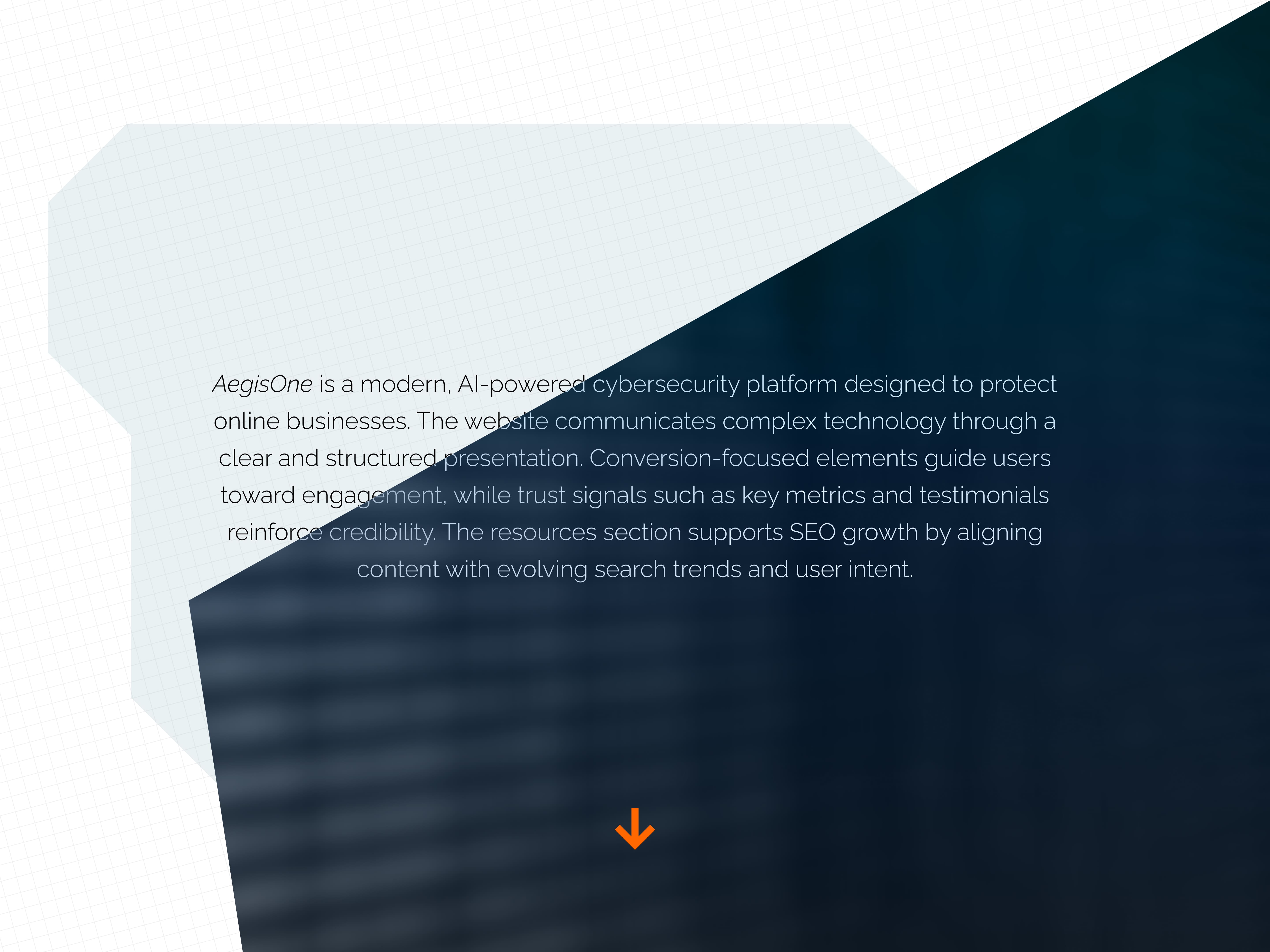 Modern cybersecurity website section with diagonal split design, featuring text describing AegisOne AI-powered security platform, SEO-focused content strategy, and user engagement elements on a dark blue abstract background.