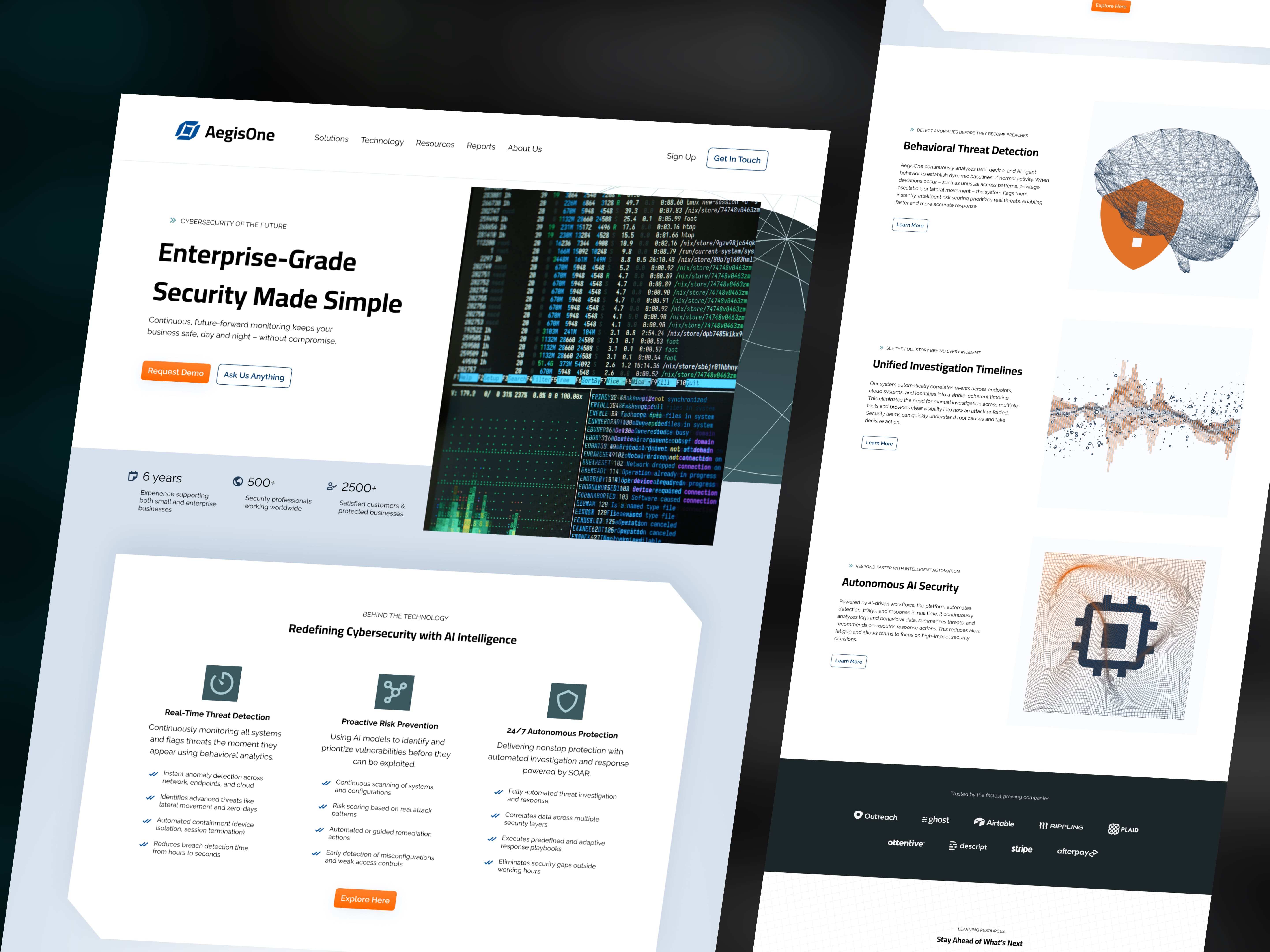 Clean enterprise cybersecurity website for AegisOne with headline “Enterprise-Grade Security Made Simple,” featuring system monitoring visuals, AI security features, and sections on threat detection, risk prevention, and autonomous protection.