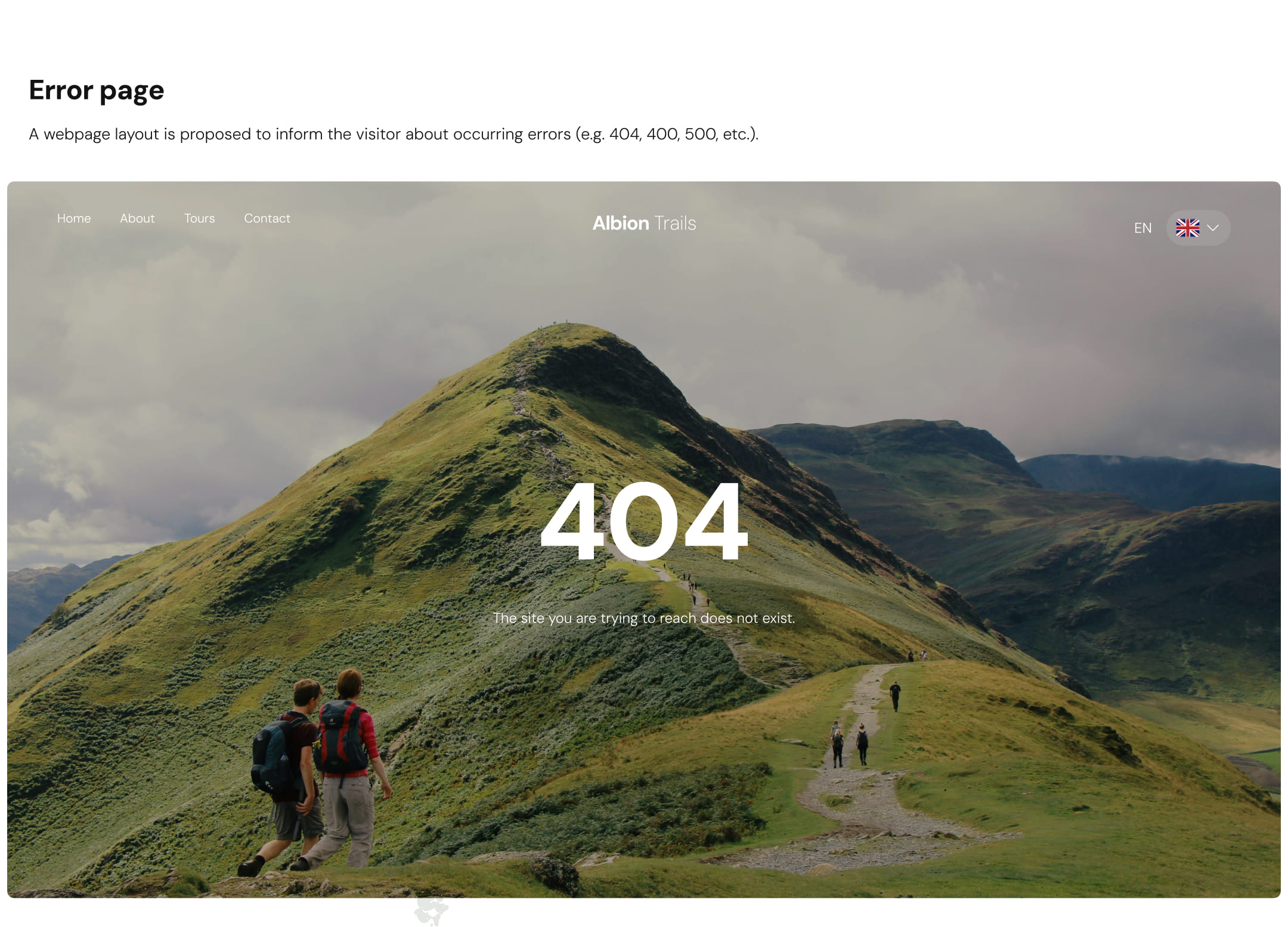 Error page with 404 overlay on scenic mountain landscape. Two hikers walk along a grassy trail under a cloudy sky, conveying exploration.