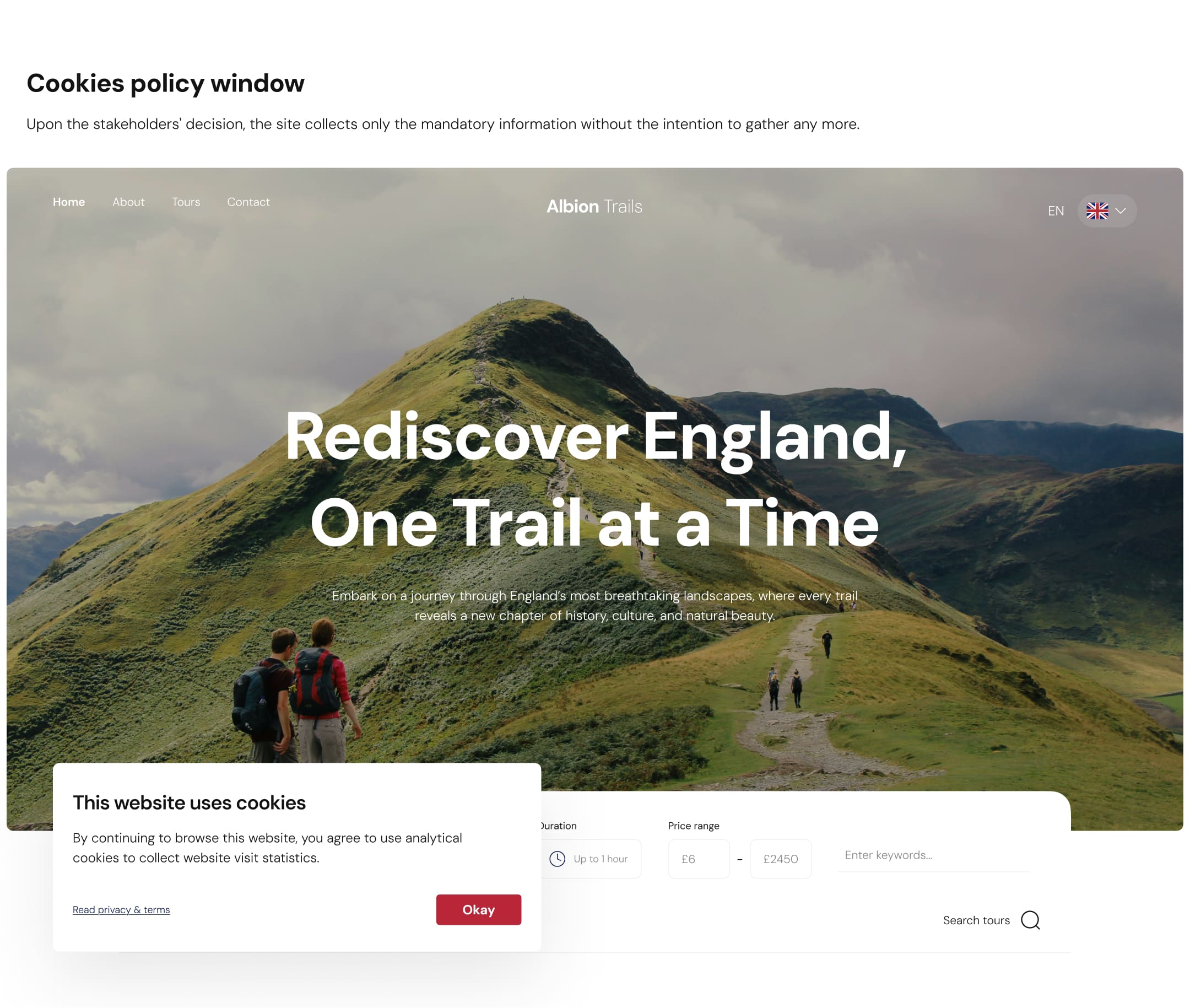 A scenic webpage header shows hikers on a green trail in the mountains. Text reads - Rediscover England, One Trail at a Time. A cookie consent box is displayed.