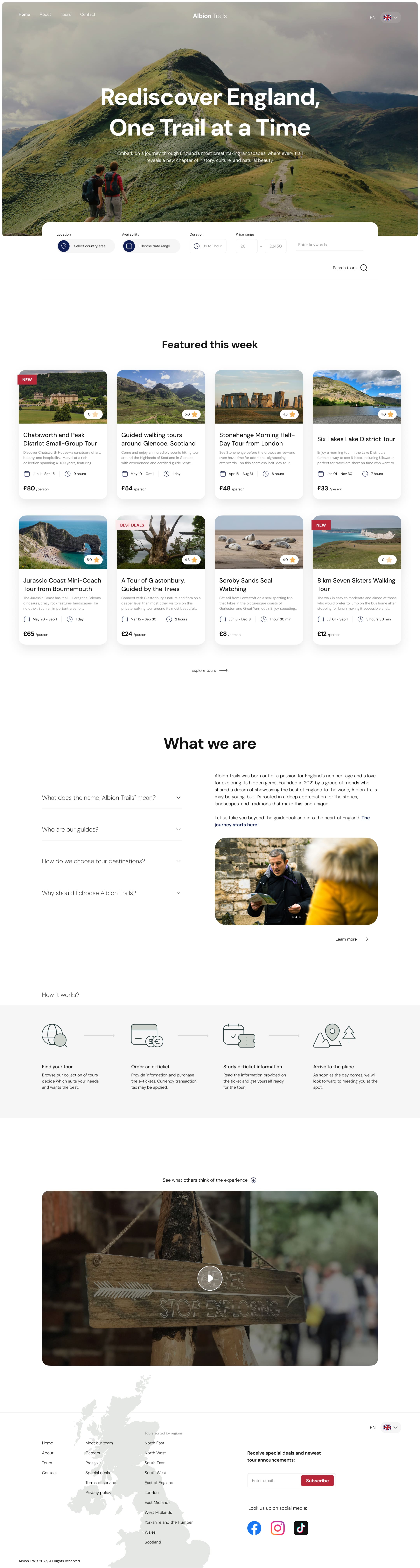 Homepage of a tour service site featuring hiking trails in England. Header image shows hikers on a lush green trail. Various tours and details listed below.