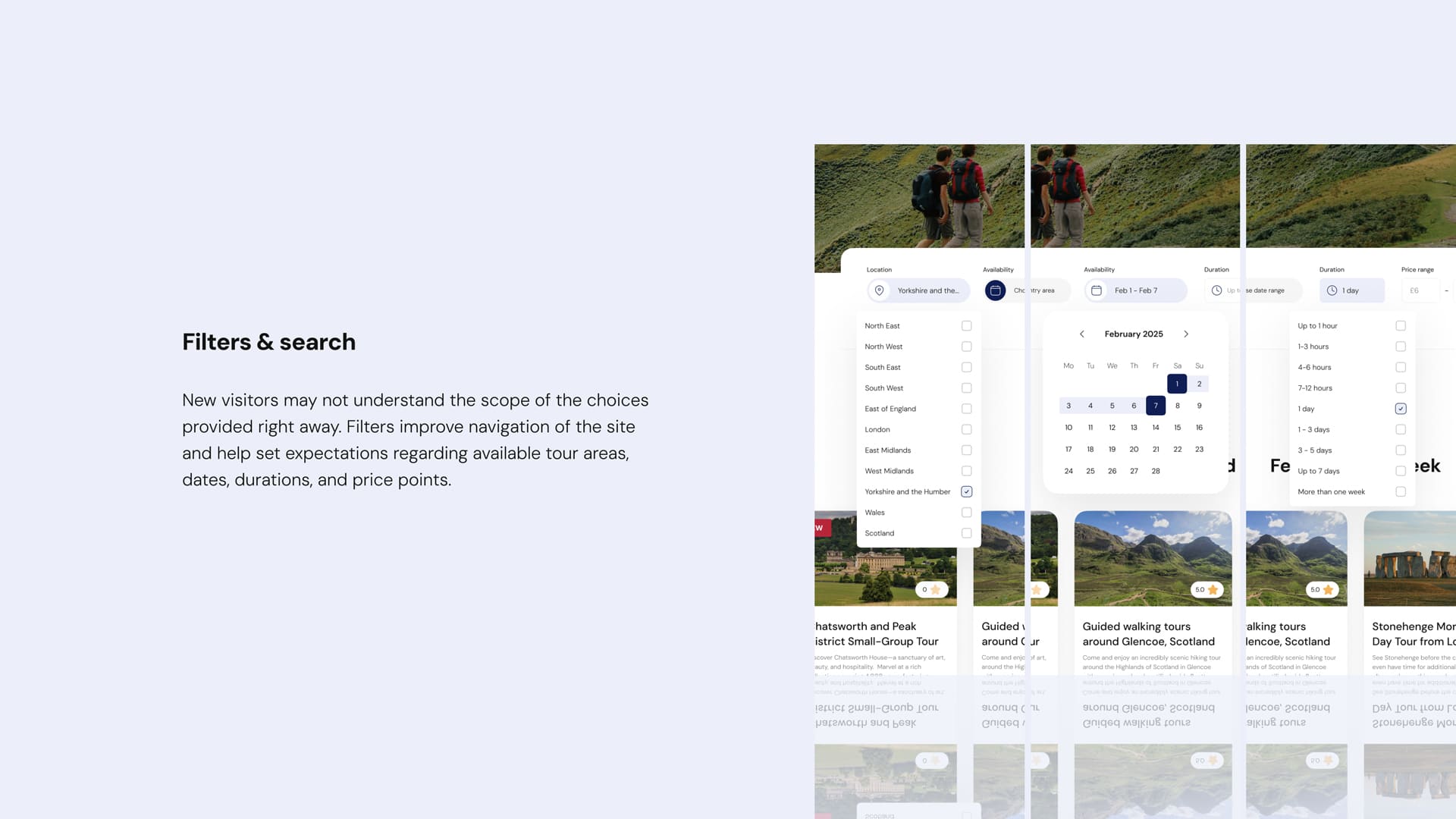 Split image; left text explains the filter benefits for site navigation. Right shows a UI with location, date, duration filters, and scenic tour cards below.