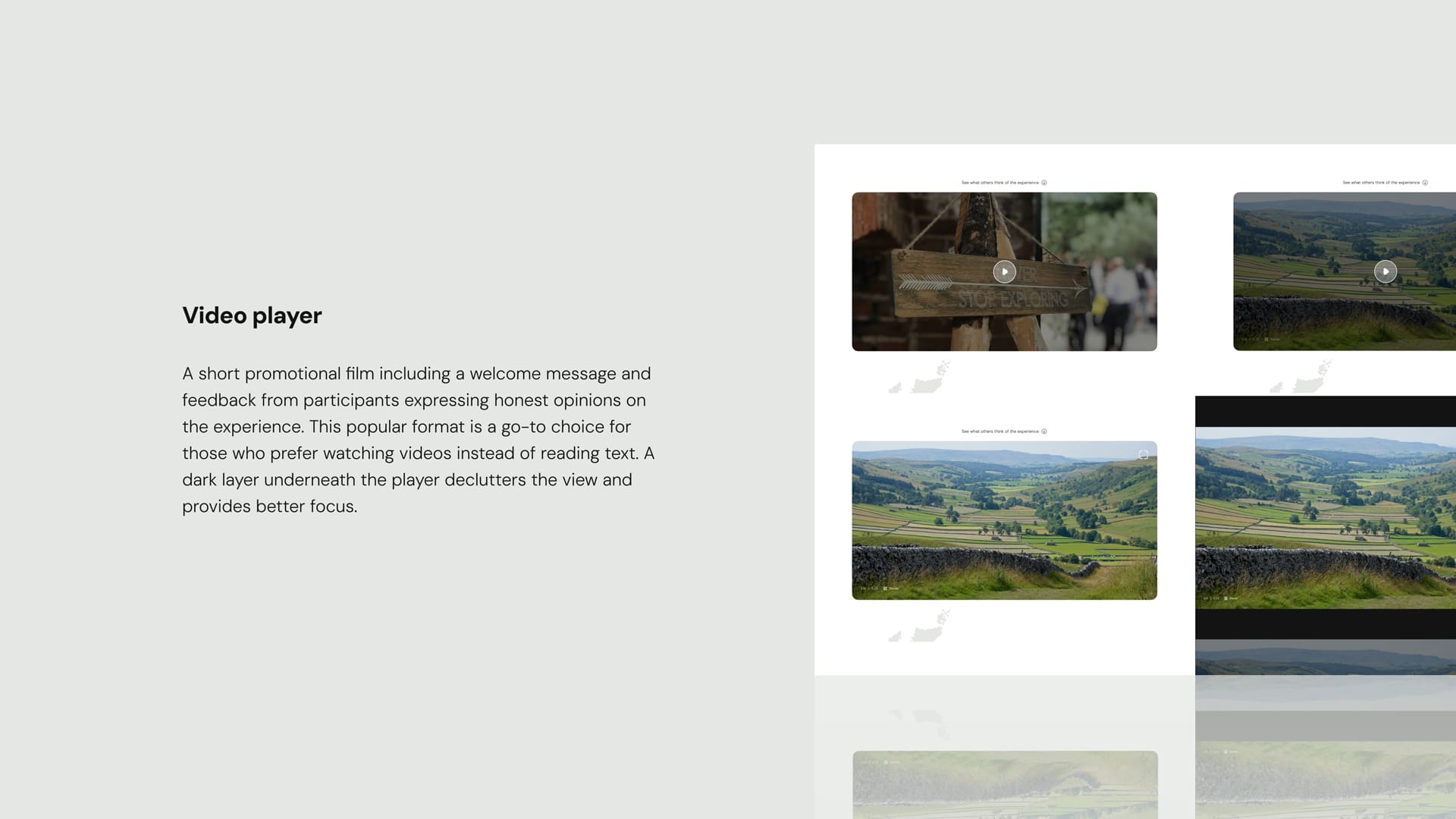 A video player interface with text describing a promotional film featuring participant feedback. Four scenic video thumbnails show rural landscapes and a wooden sign, accompanied by play buttons. The design has a minimalistic and focused layout.