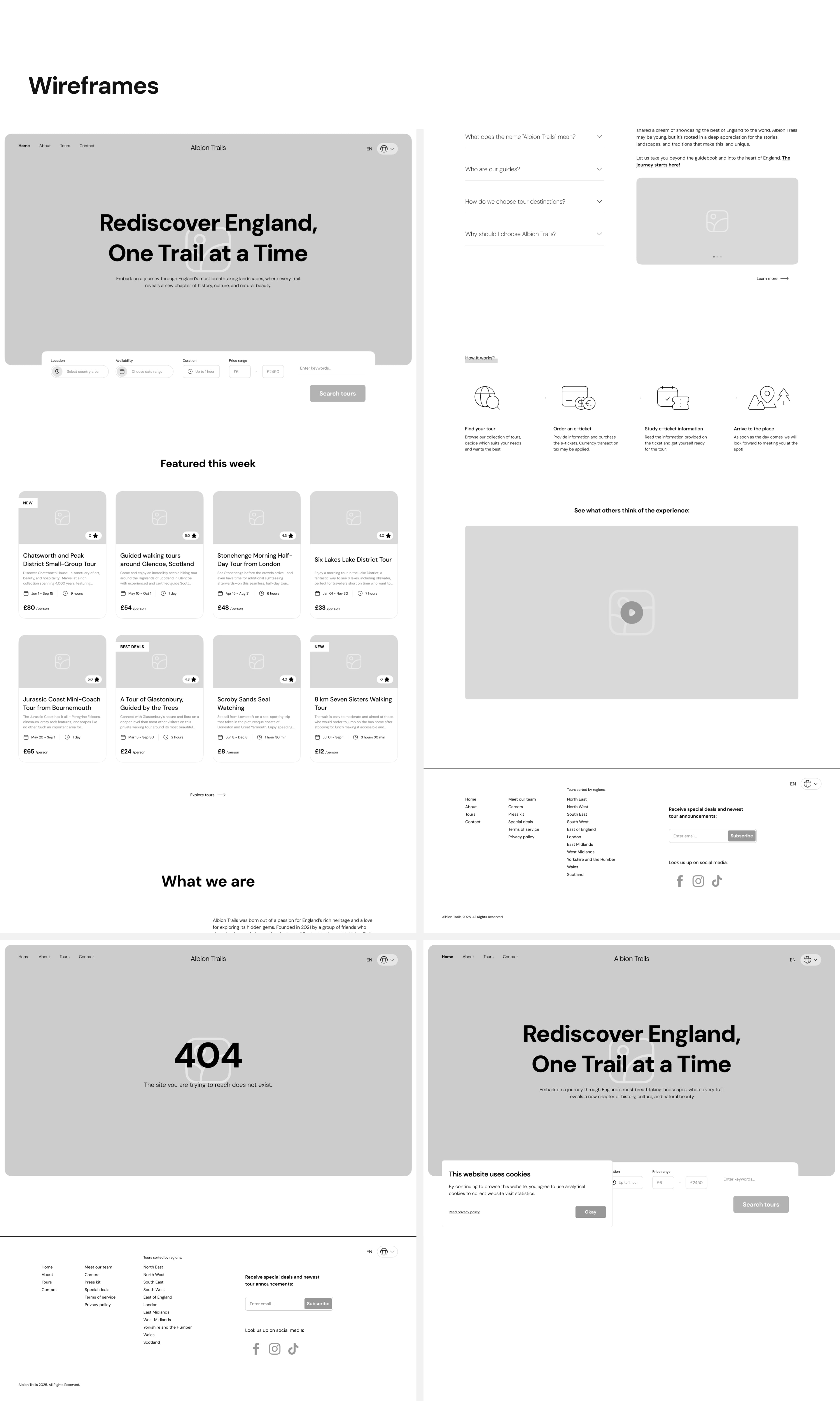 Website wireframe for Albion Trails, showcasing a homepage with navigation bar, search options, and featured tours. Sections detail the company's ethos, FAQs, and video presentation. Additional wireframes include a 404 error page and cookie consent message. The layout is clean and minimalistic, focusing on user-friendly navigation.