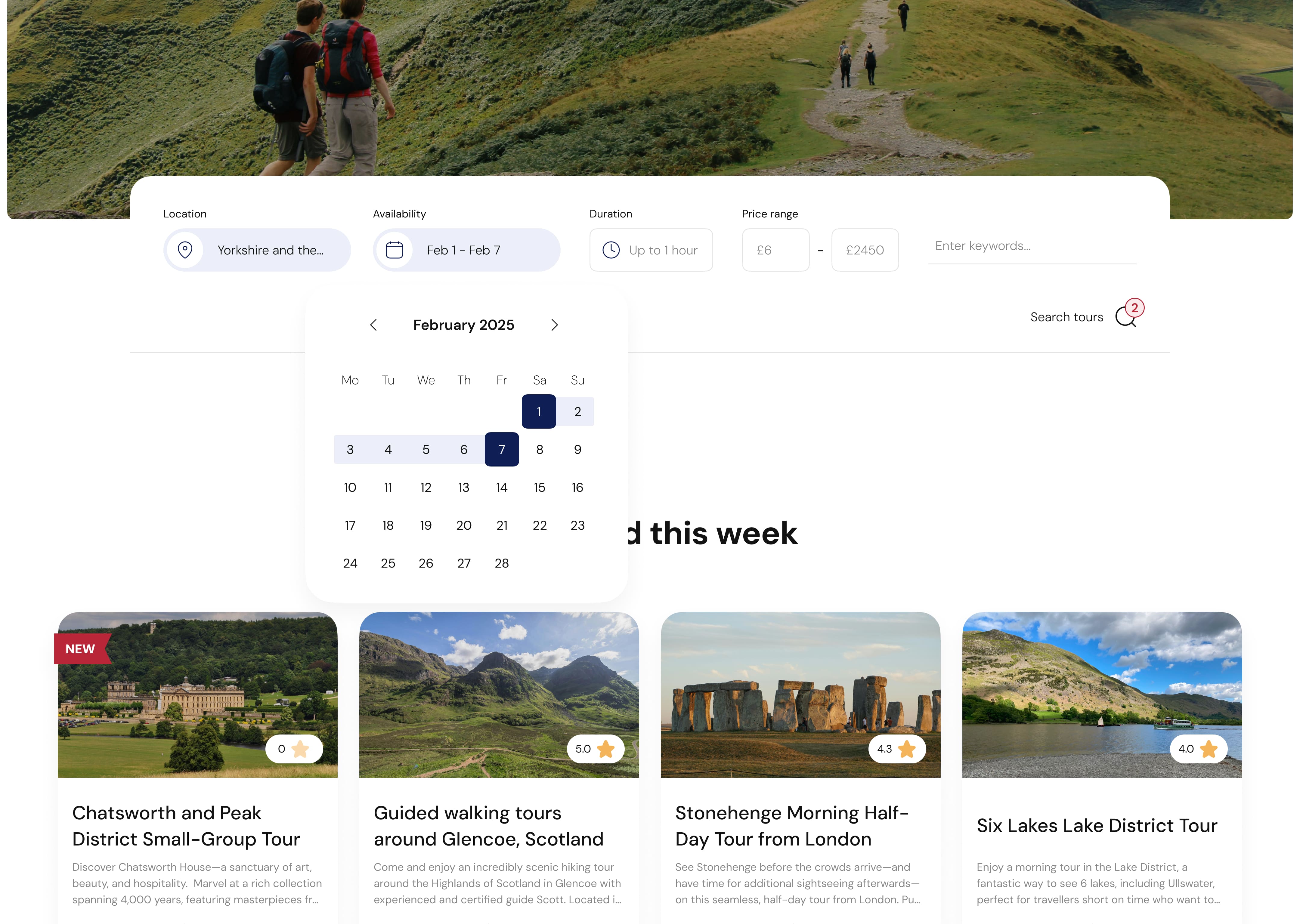 A webpage showing tour options with an outdoor theme. A calendar filter displays February 1-7, 2025. Tour cards list locations in England and Scotland.