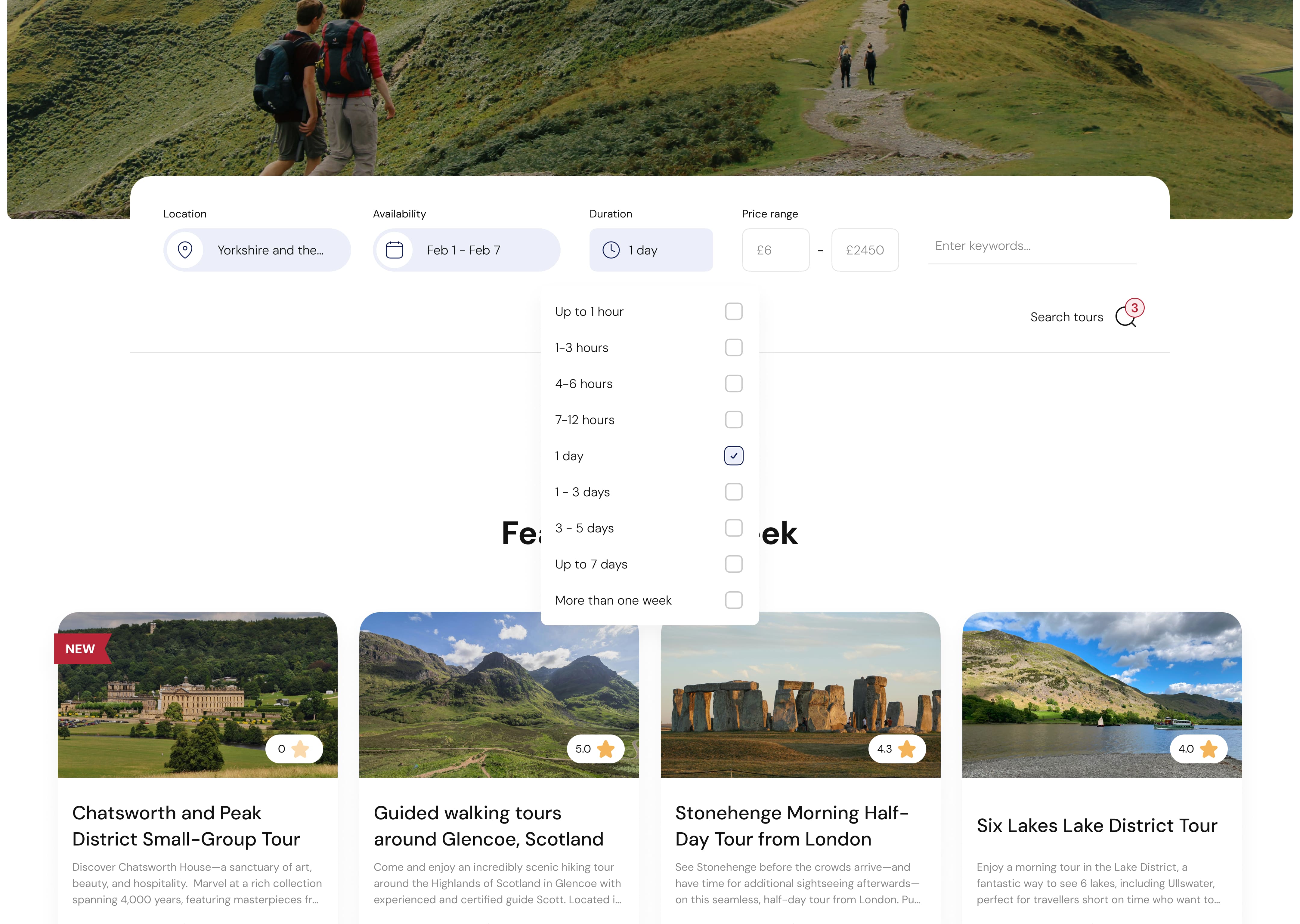 A webpage displaying hiking tours with a mountainous landscape banner. Dropdown menu for tour duration highlighted; options include up to one week. Featured tours below.