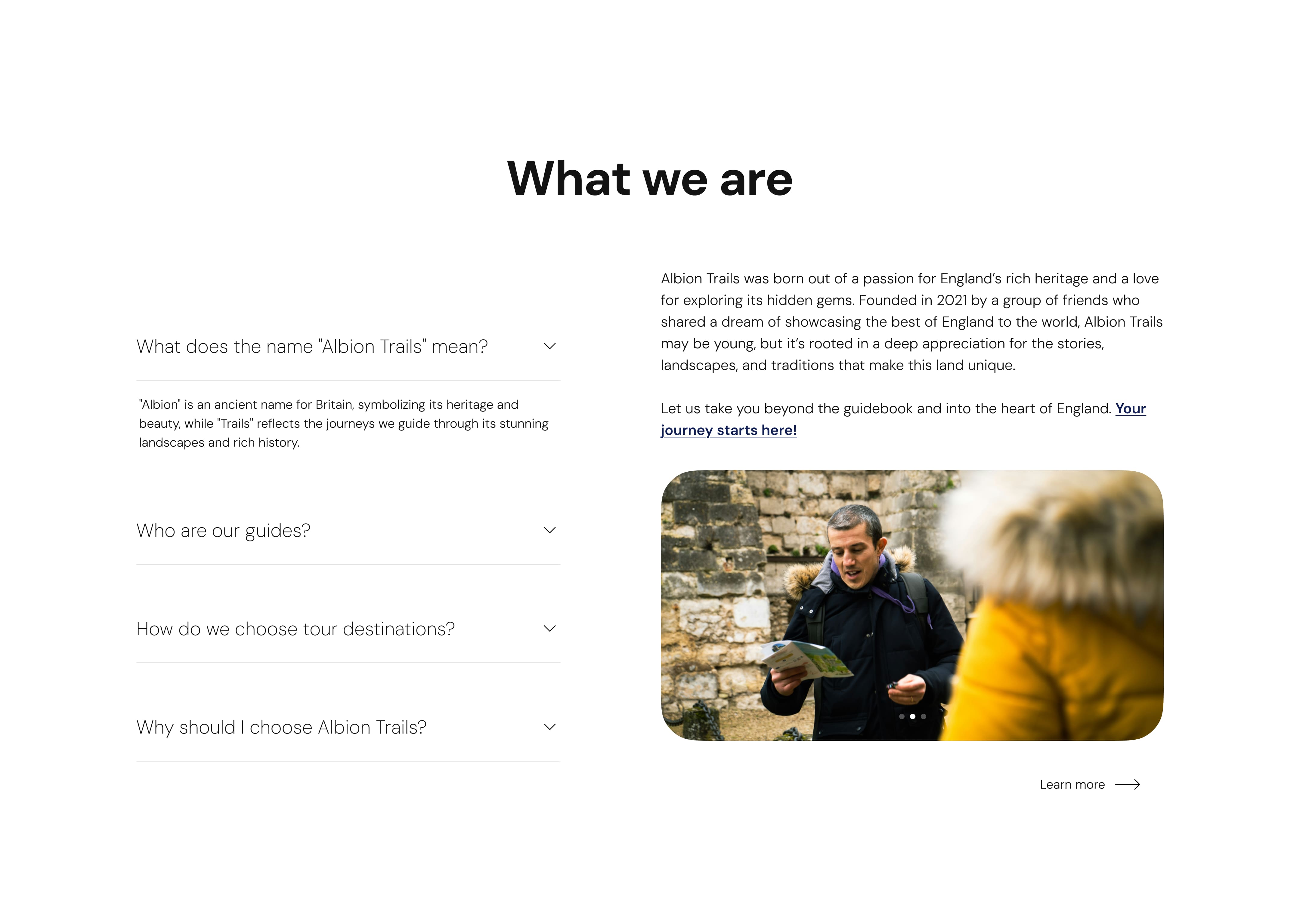 Webpage for Albion Trails featuring FAQs on their services and ethos. Includes an image of a man in a winter coat holding a map, suggesting exploration. Tone is inviting and informative.