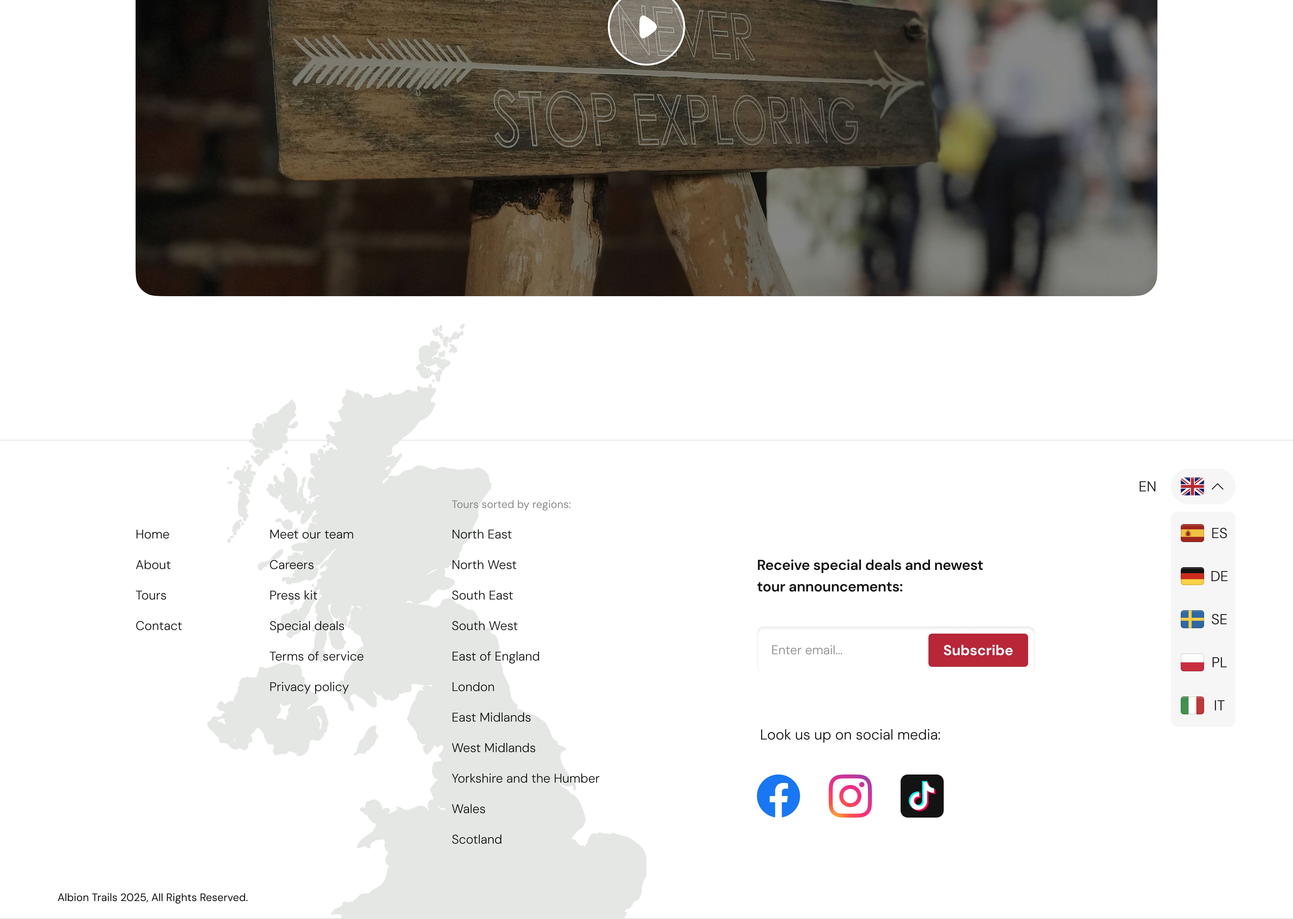 Homepage of a tour service site featuring hiking trails in England - footer section. A language dropdown is expanded showcasing 6 available languages: English, Spanish, Deutsch, Swedish, Polish and Italian.
