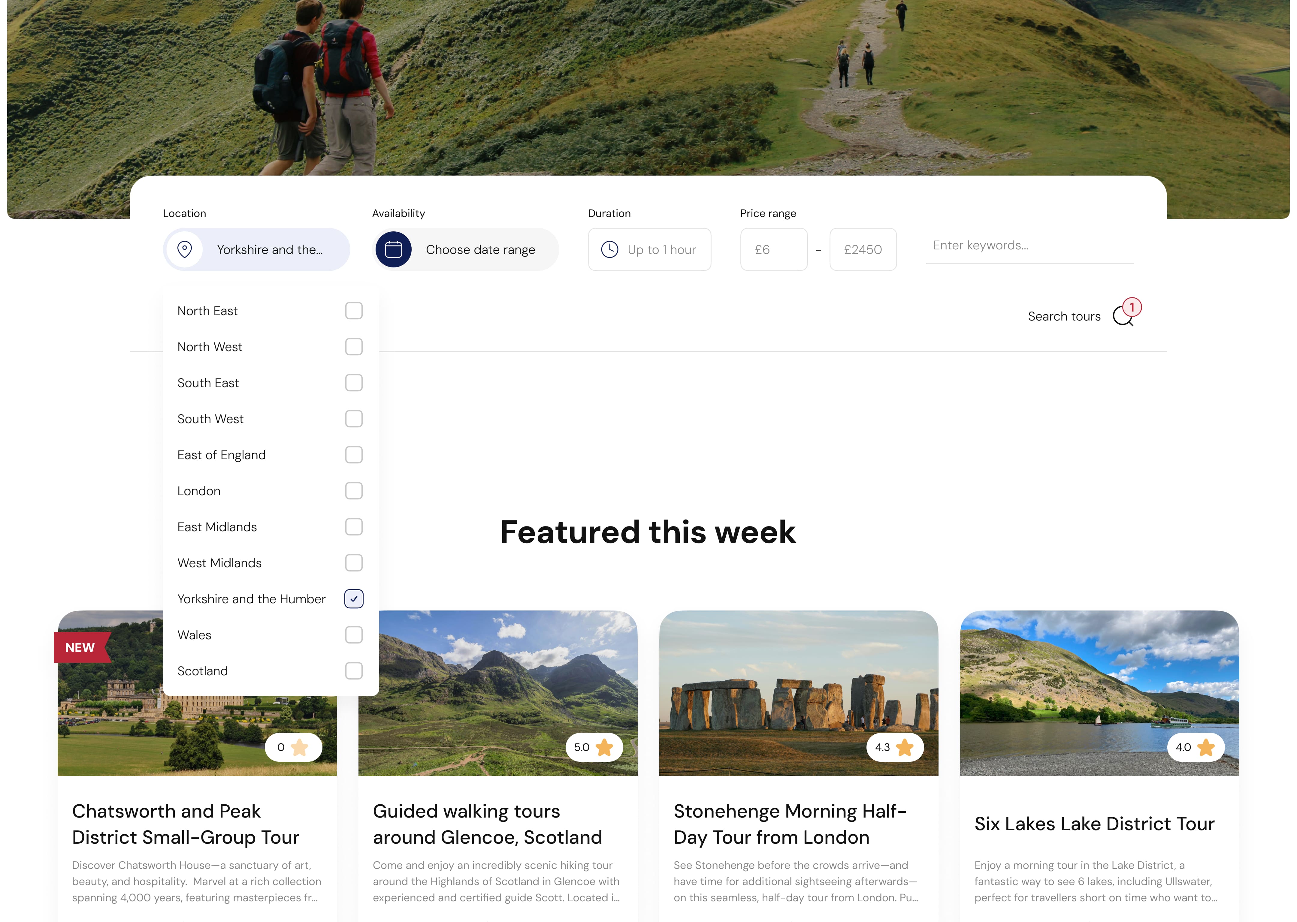 Website interface displaying a tour service platform. Dropdown menu shows regions in the UK. Featured this week section highlights four tours with images.