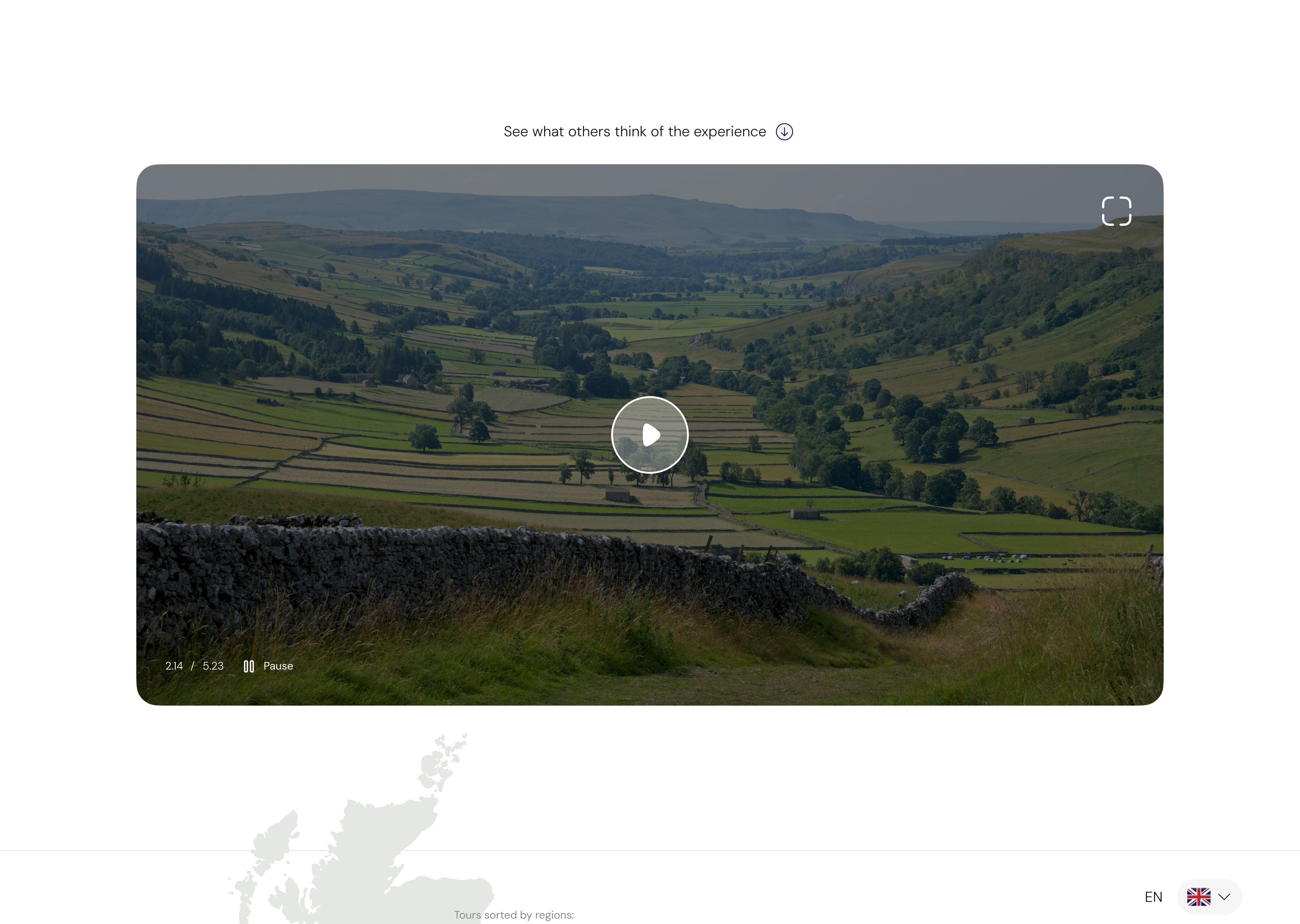 Homepage of a tour service site featuring hiking trails in England - video presentation section. The video is paused.