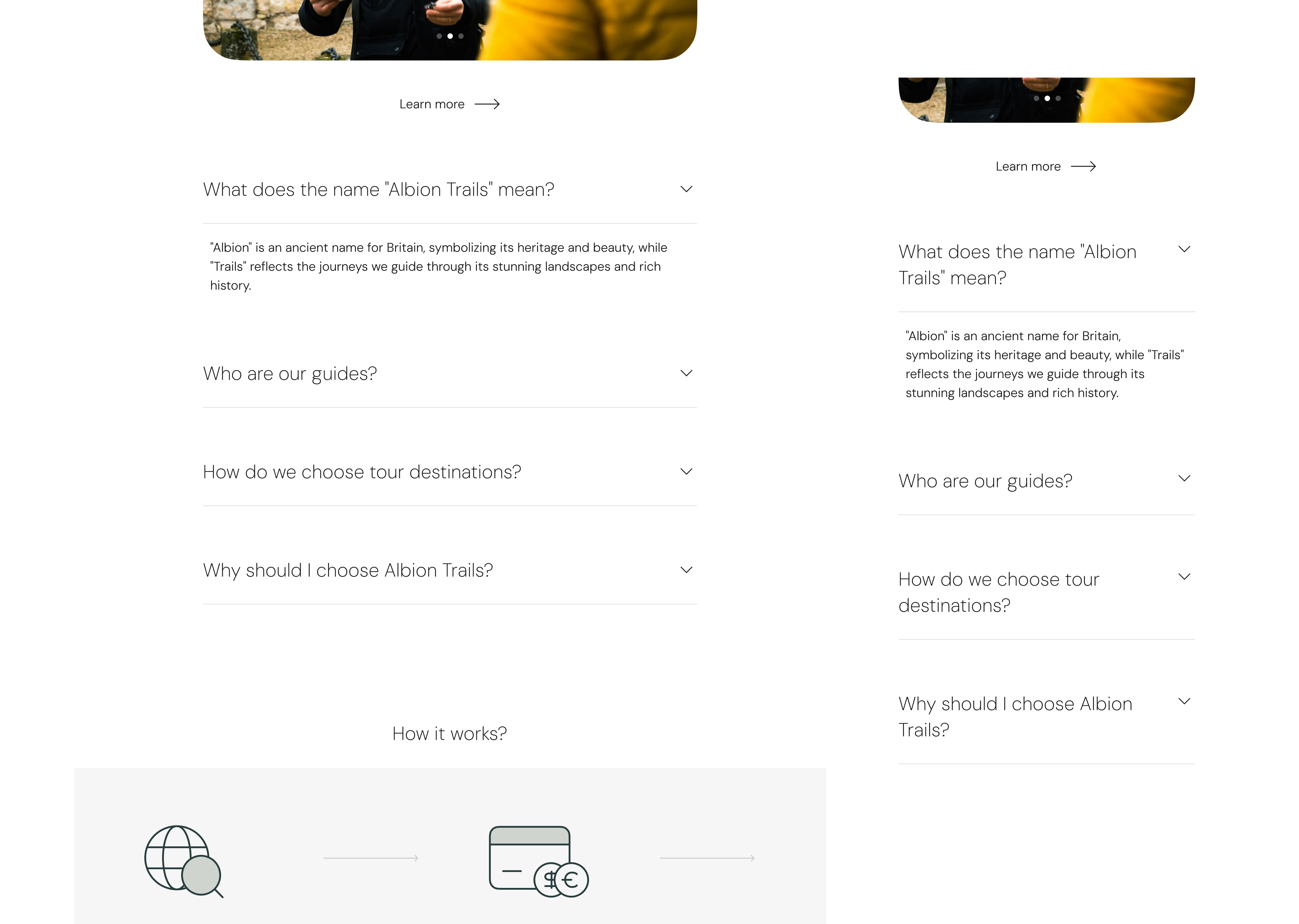Webpage for Albion Trails featuring FAQs - tablet and smarphone breakpoints. Includes an image of a man in a winter coat holding a map, suggesting exploration. Tone is inviting and informative.