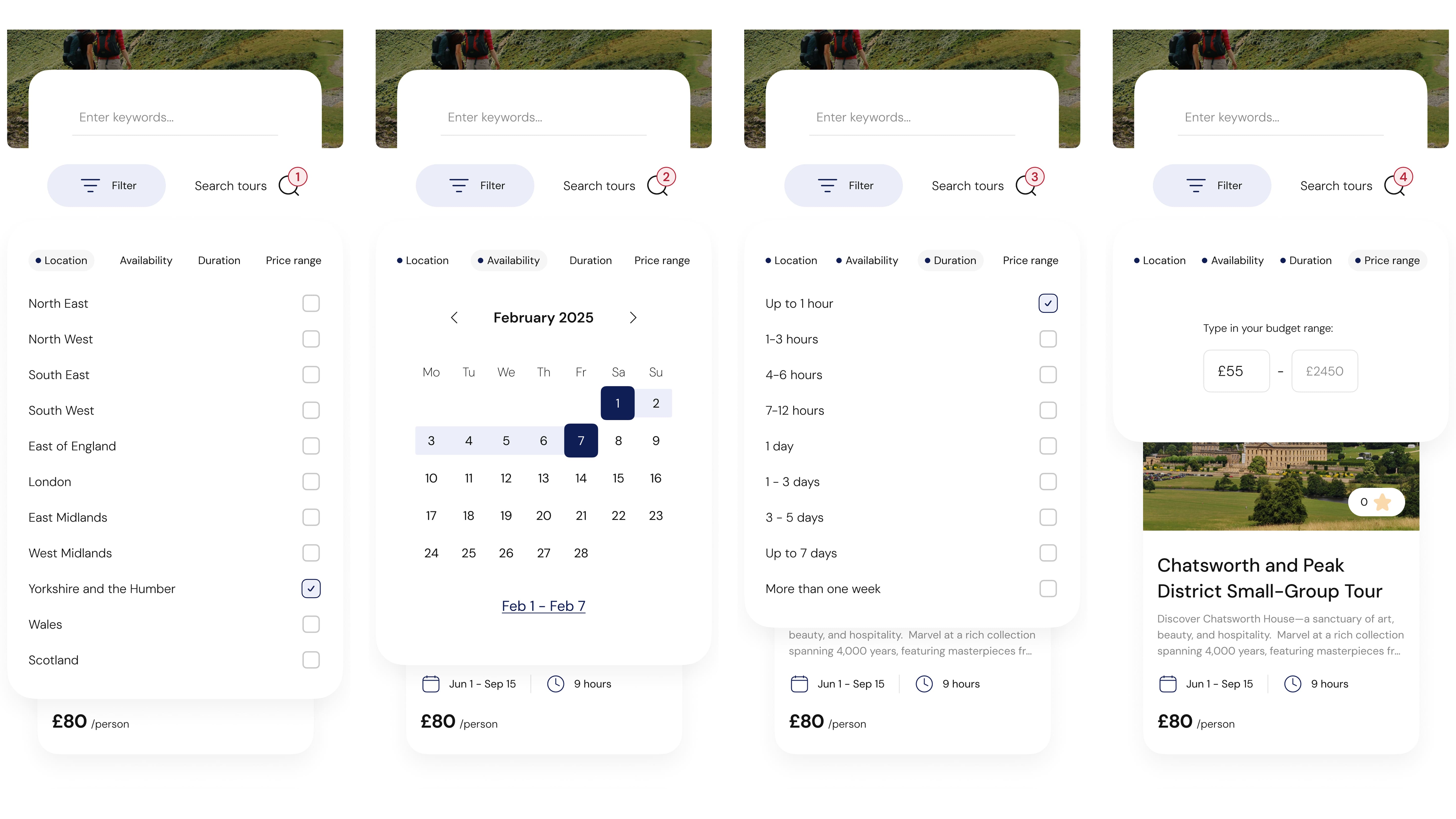 Mobile app interface with four screens showing a tour search feature. Includes location, date, duration, and price filters for exploring tours in the UK.