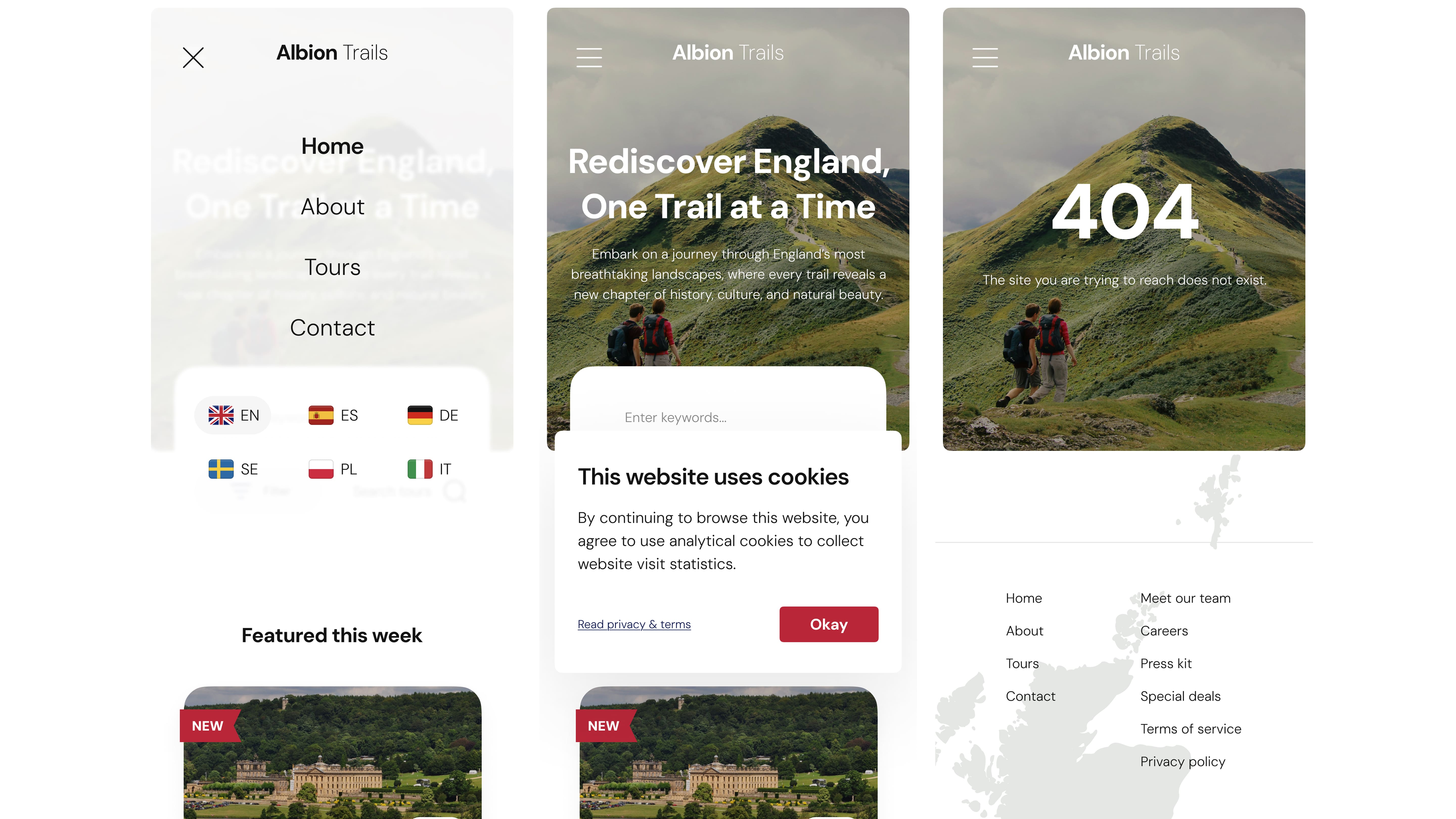 Mobile website interface for Albion Trails with navigation menu, language options, and a 404 error page. Background shows hikers on a green hill.