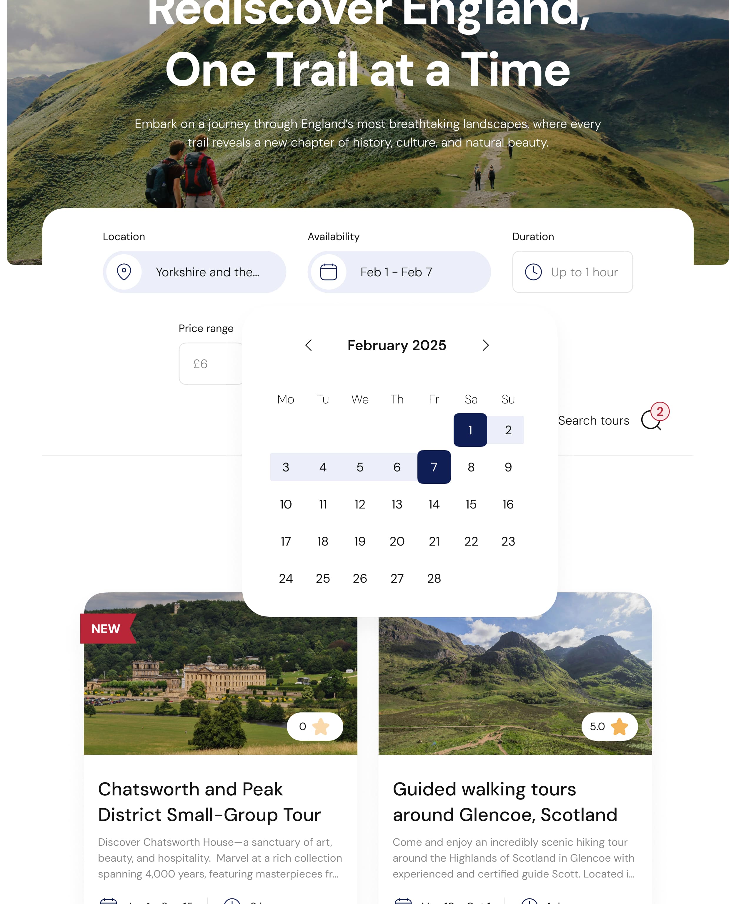 Website interface displaying a tour service platform inside a tablet breakpoint. Features an expanded filtering option by a category of tour dates available.