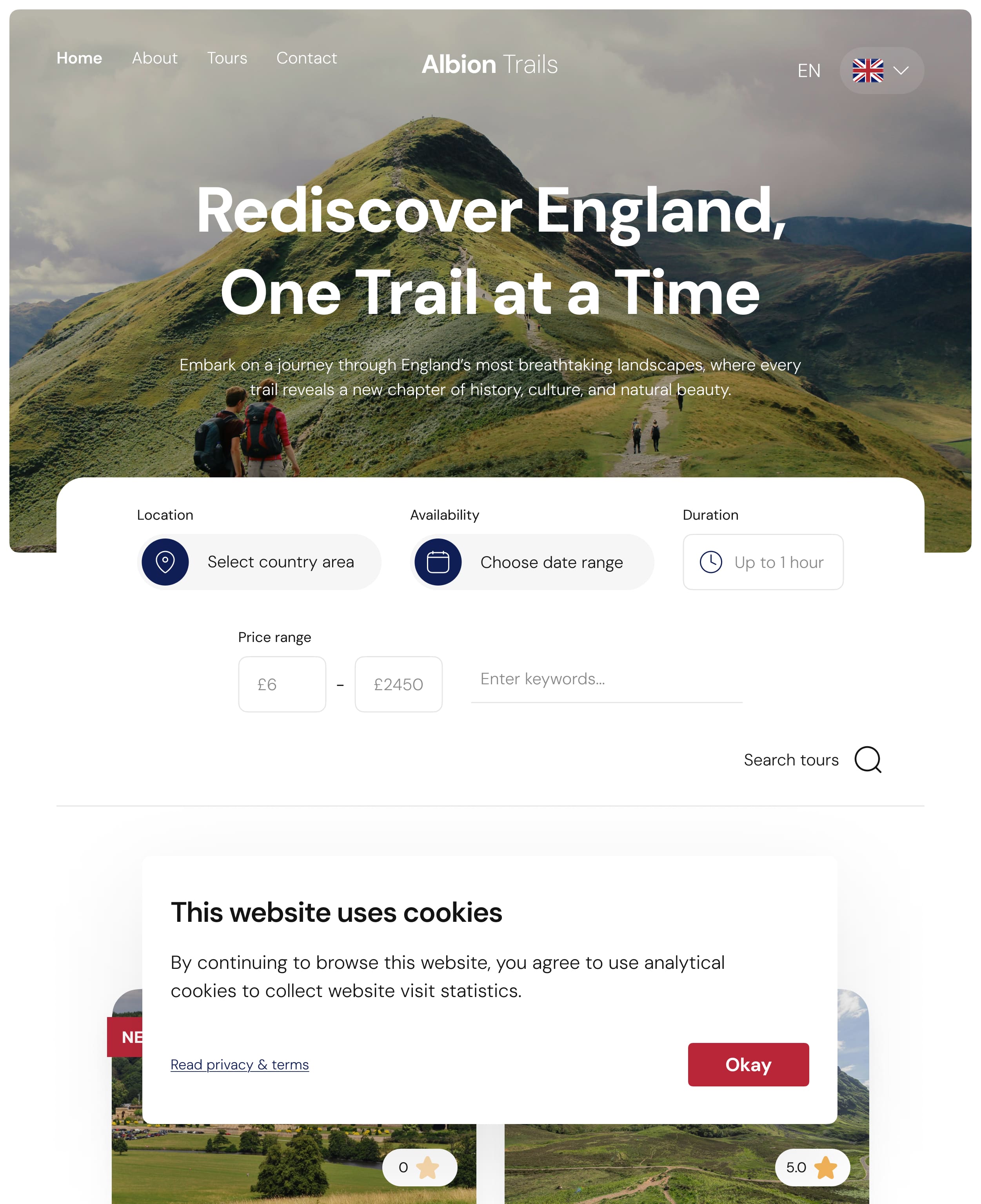 Homepage of a tour service site - tablet breakpoint. Two hikers walk a scenic trail on a lush, green hillside. Text reads - Rediscover England, One Trail at a Time. A cookies notification is visible.