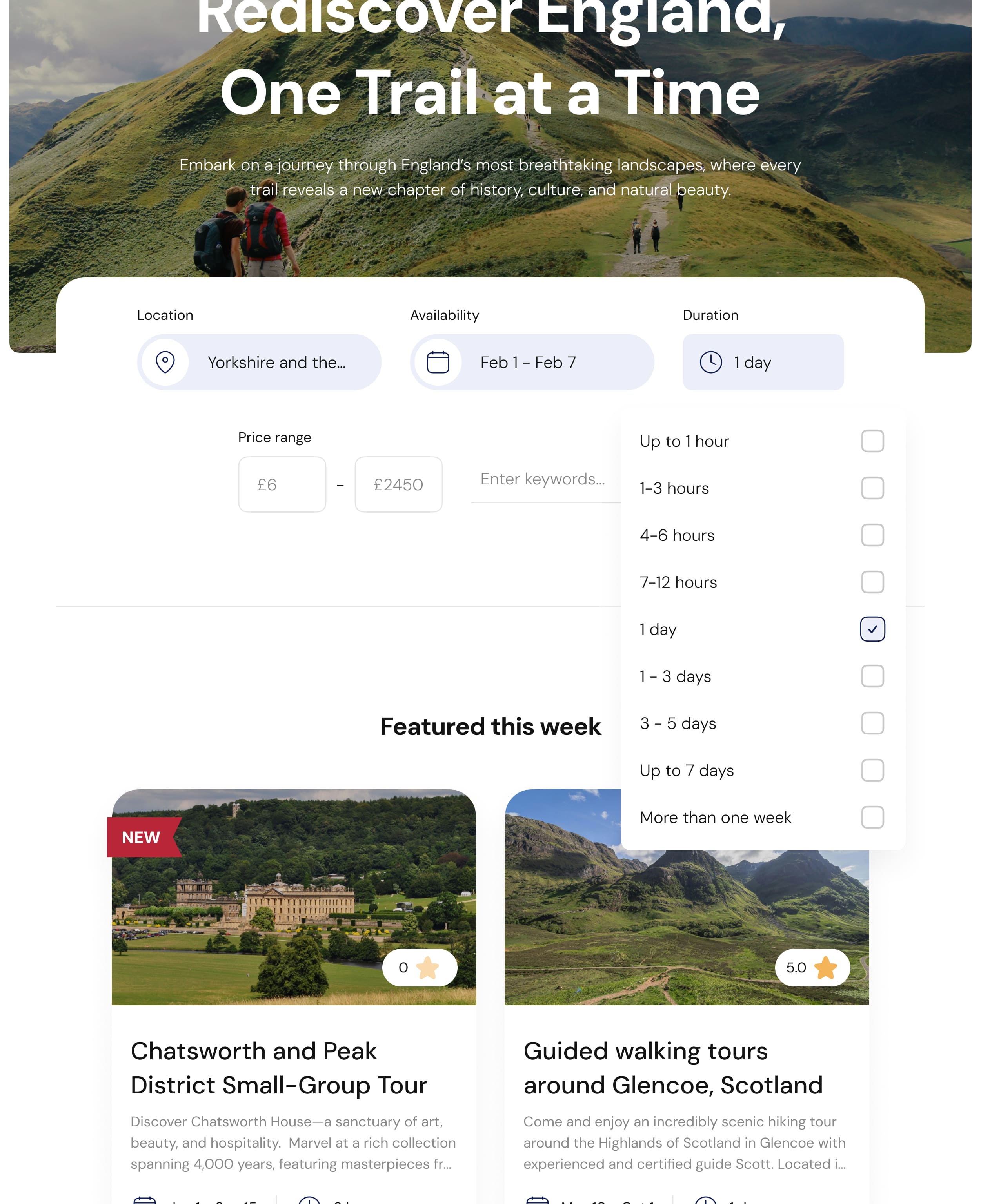Website interface displaying a tour service platform inside a tablet breakpoint. Features an expanded filtering option by a category of tour duration.