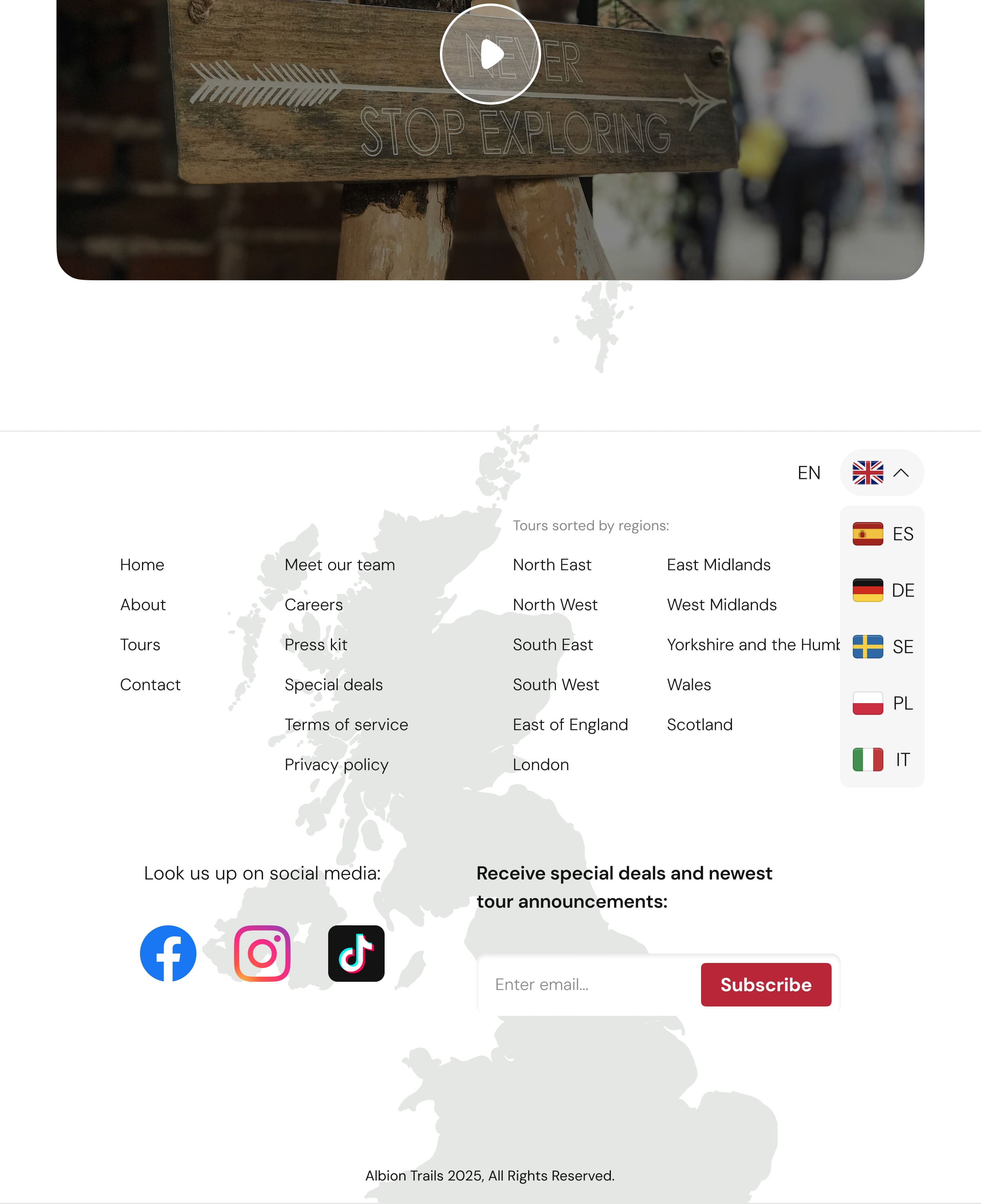 Homepage of a tour service site featuring hiking trails in England - smartphone breakpoint. A language dropdown is expanded showcasing 6 available languages: English, Spanish, Deutsch, Swedish, Polish and Italian.