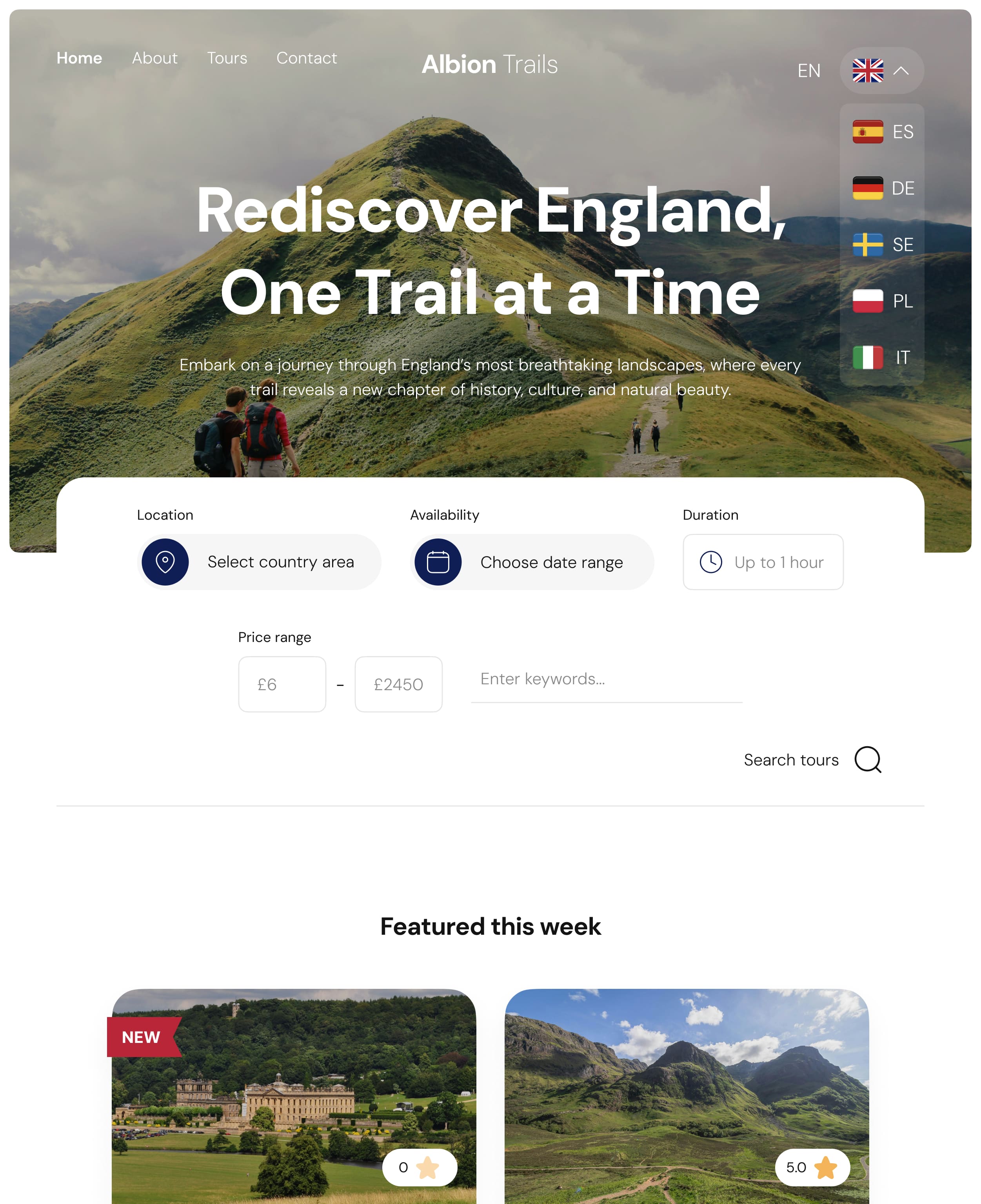Homepage of a tour service site featuring hiking trails in England - tablet breakpoint. A language dropdown is expanded showcasing 6 available languages: English, Spanish, Deutsch, Swedish, Polish and Italian.