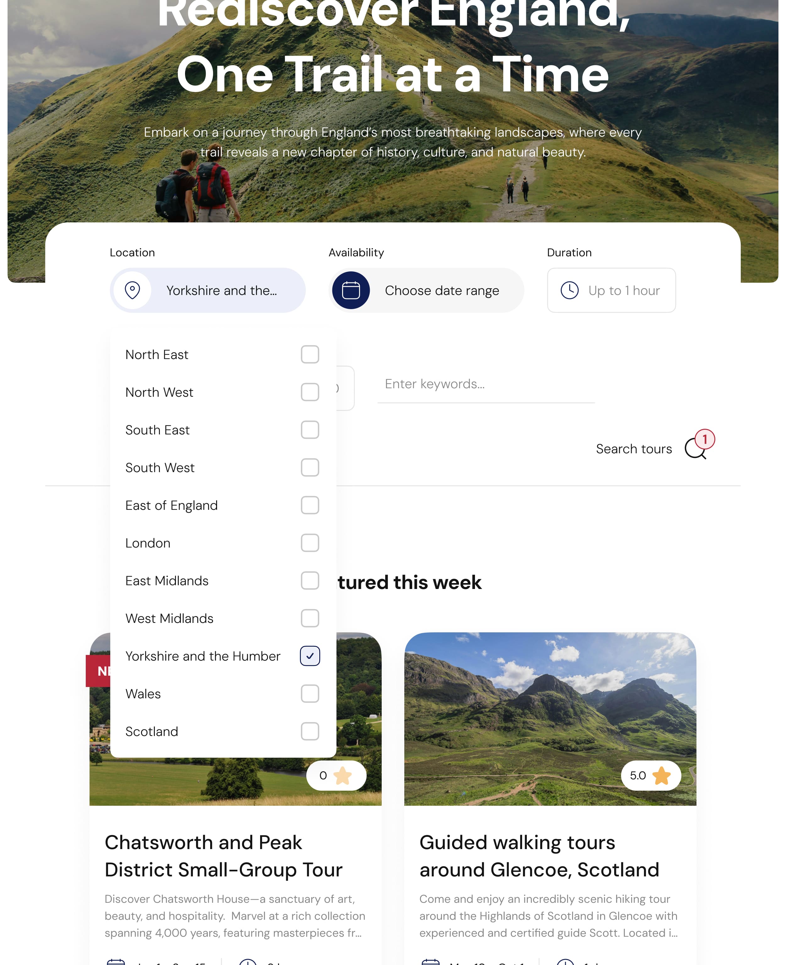 Website interface displaying a tour service platform inside a tablet breakpoint. Features an expanded filtering option by a category of tour location.