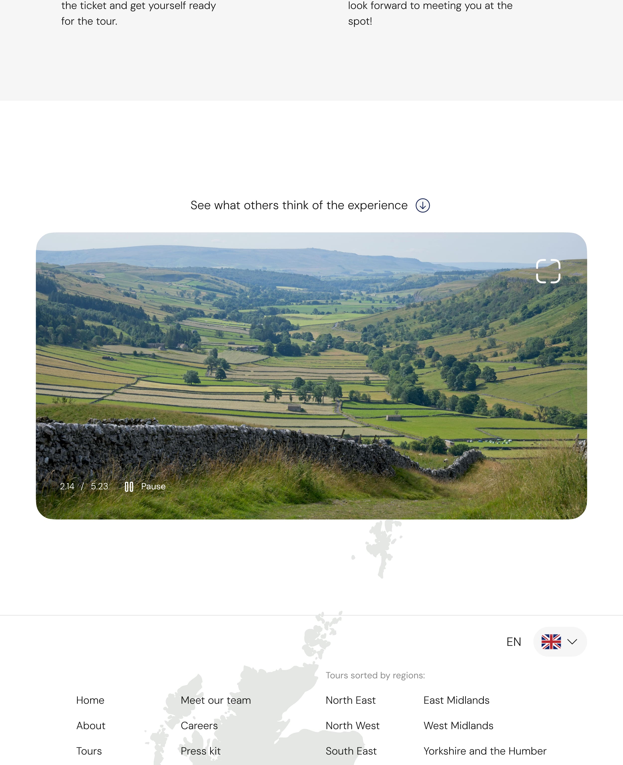 Homepage of a tour service site featuring hiking trails in England - video presentation section, tablet breakpoint. The video is being played.