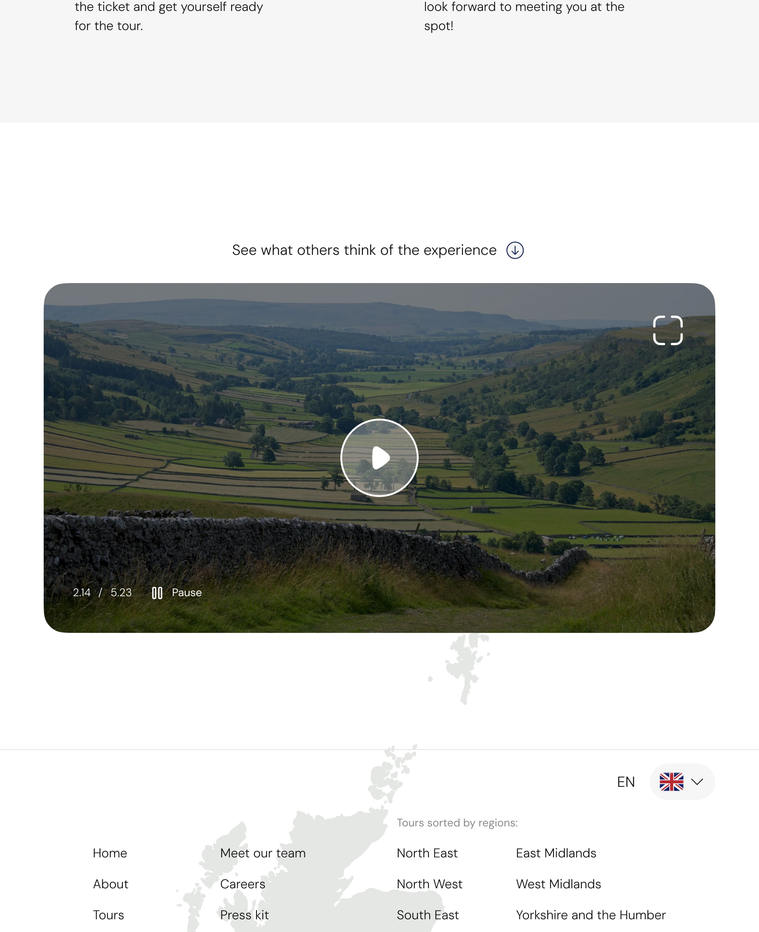 Homepage of a tour service site featuring hiking trails in England - video presentation section, tablet breakpoint. The video is paused.