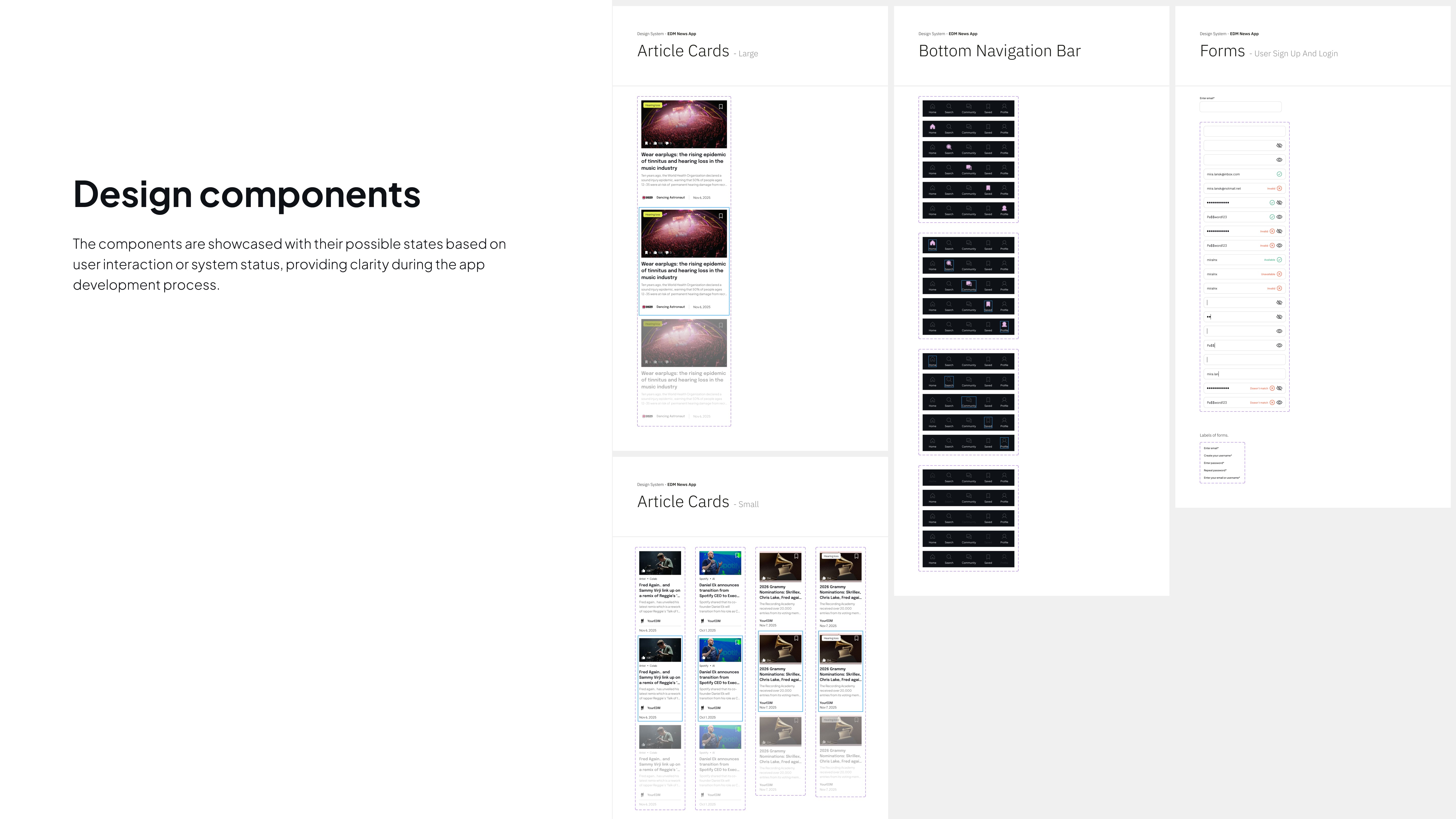Design components showcase featuring article cards, a navigation bar, and forms. Layout emphasizes organization and user-friendly design.