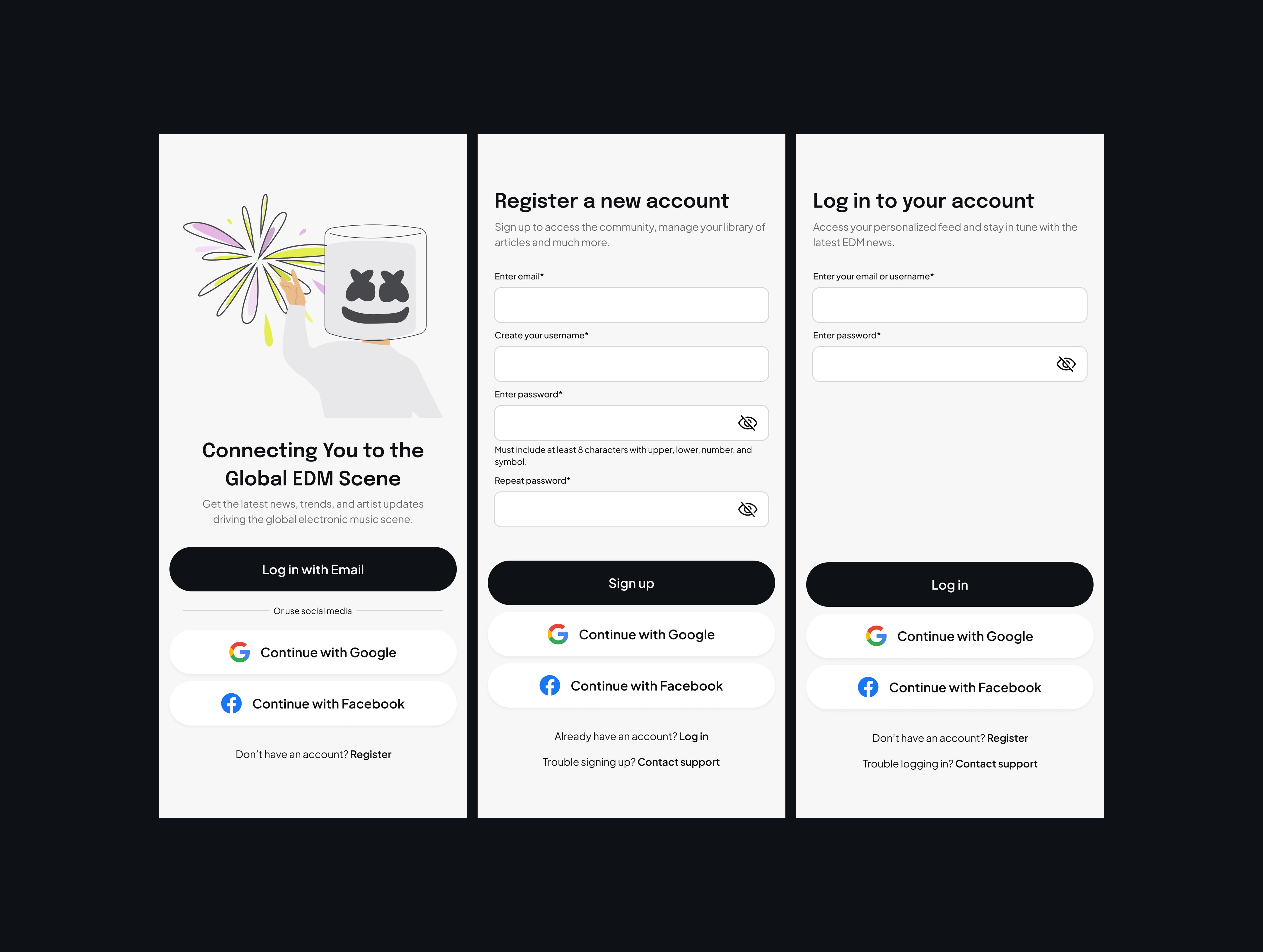 Three app design mock-ups - landing, registration and login screens.