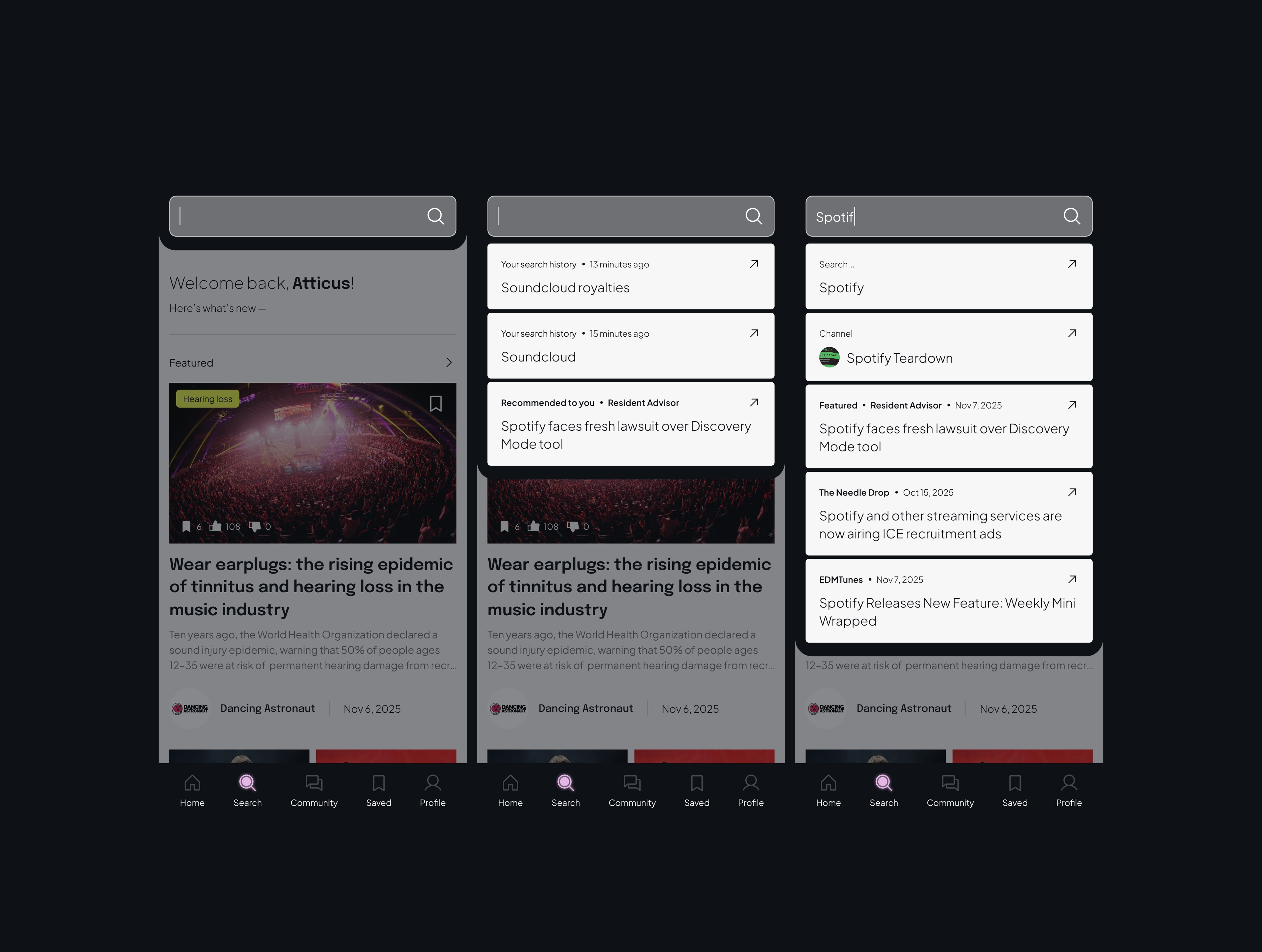 Three app design mock-ups showcasing a variety of search result displays on the app.