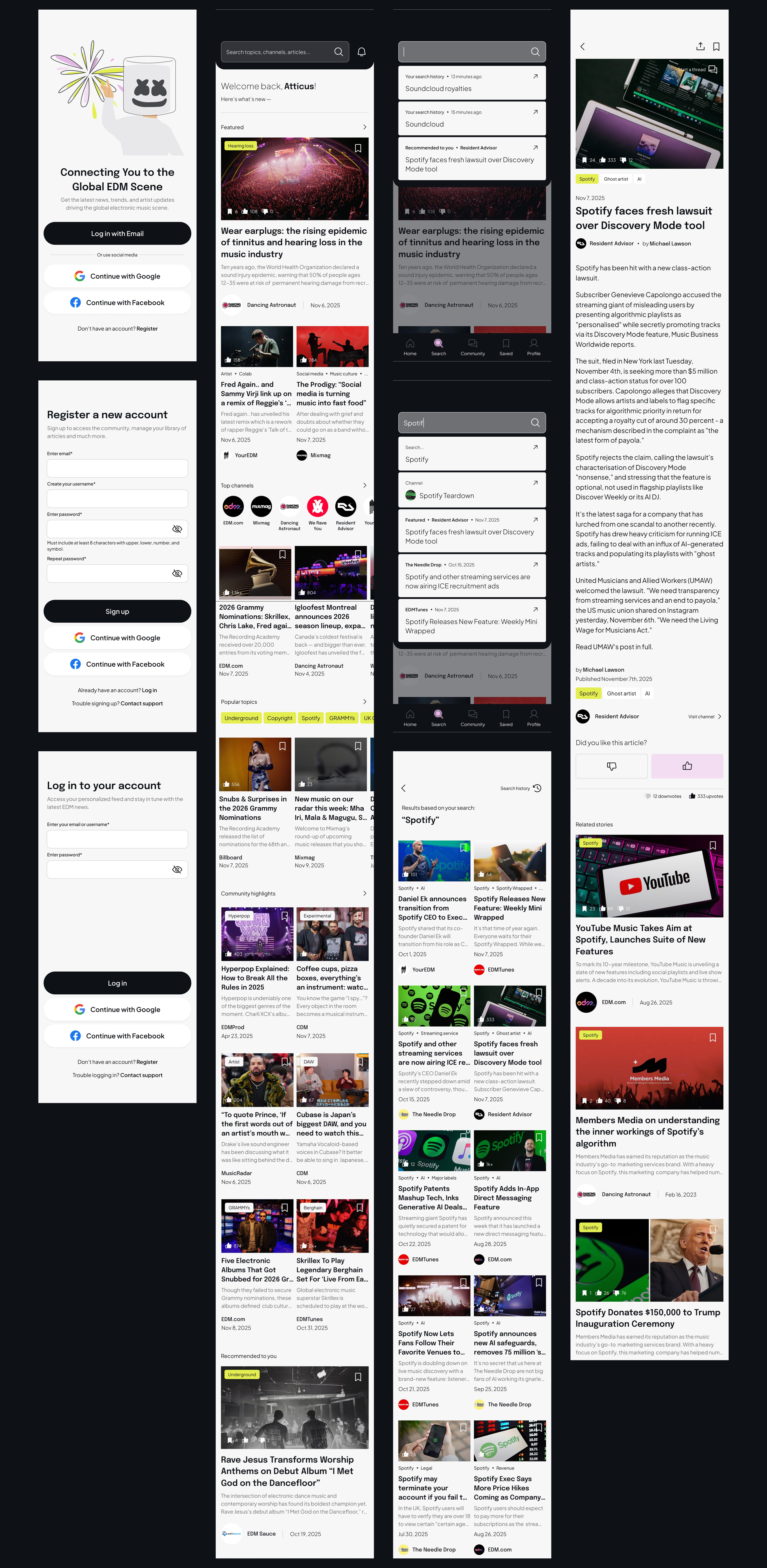 A collage of mobile app interface screenshots, showing various articles and media posts. Includes login screens, news headlines, and multimedia content.