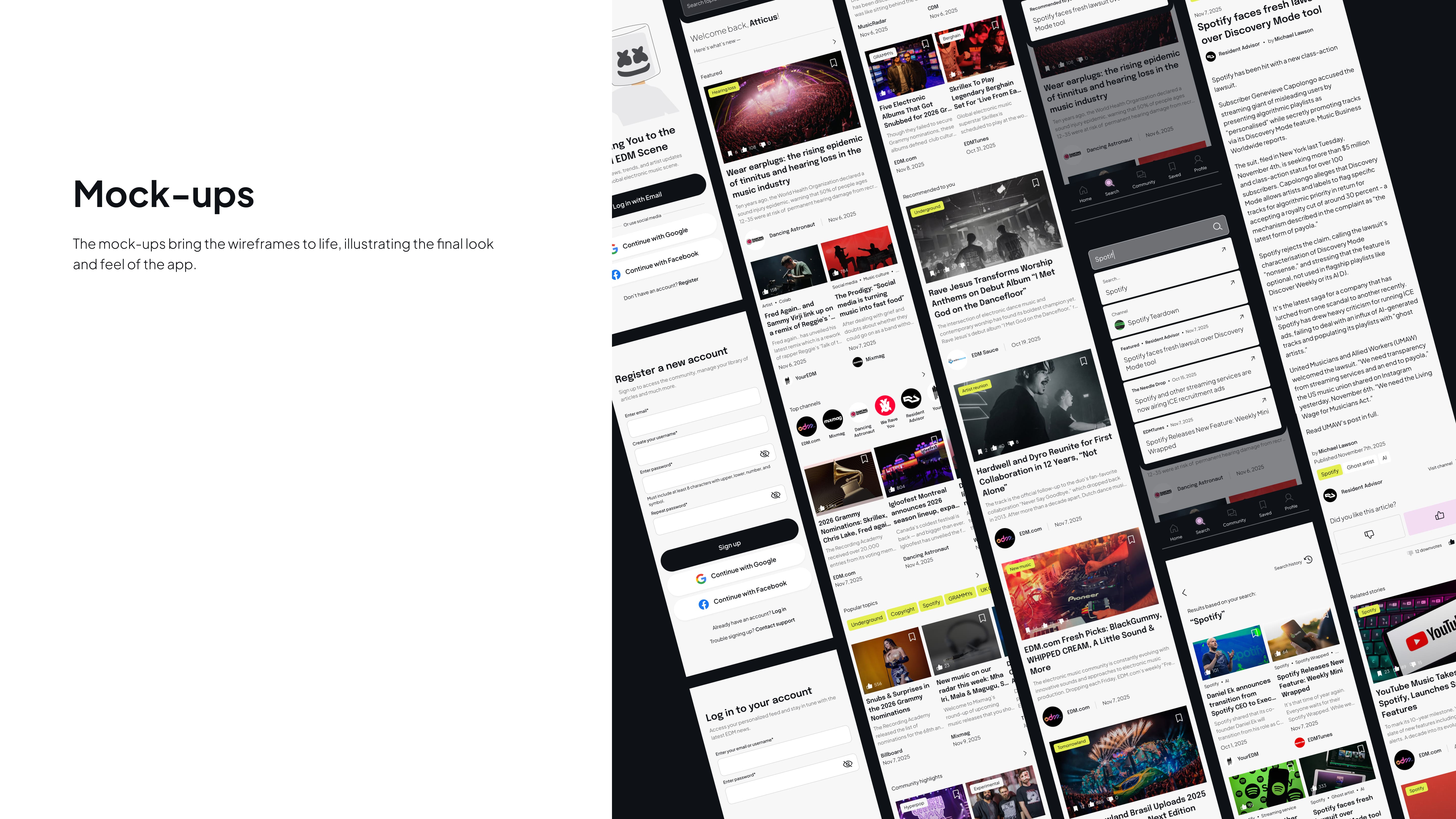 Image displaying a set of digital mobile mock-ups arranged in a grid format, showcasing layouts of text, images, and interactive elements. The left side shows the heading 'Mock-ups' and a brief description. The design conveys a modern and organized aesthetic.