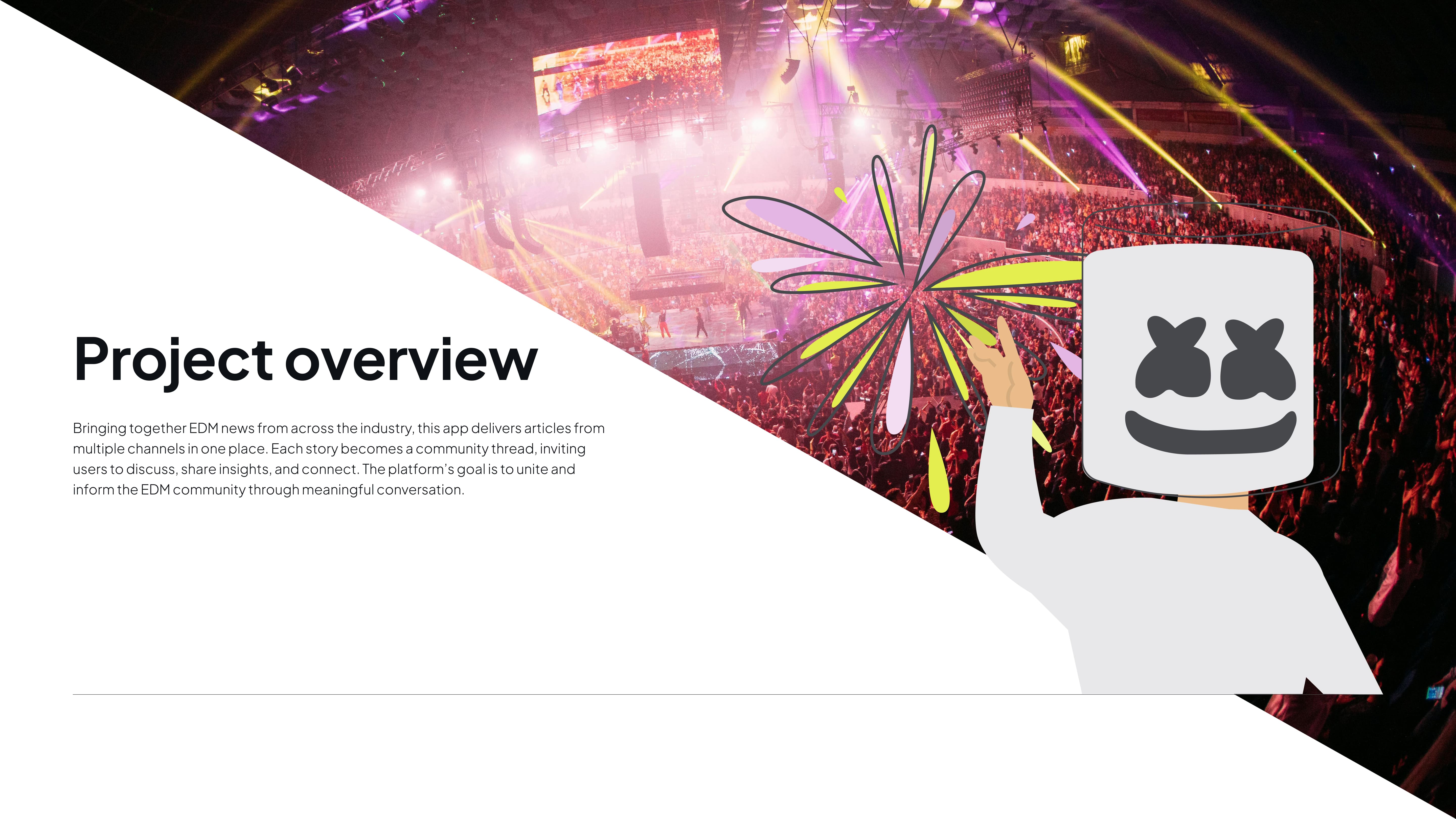 Concert scene with a packed audience, vibrant lights, and a colorful graphic on the right. Left provides a title that reads - Project overview, with a body text below.