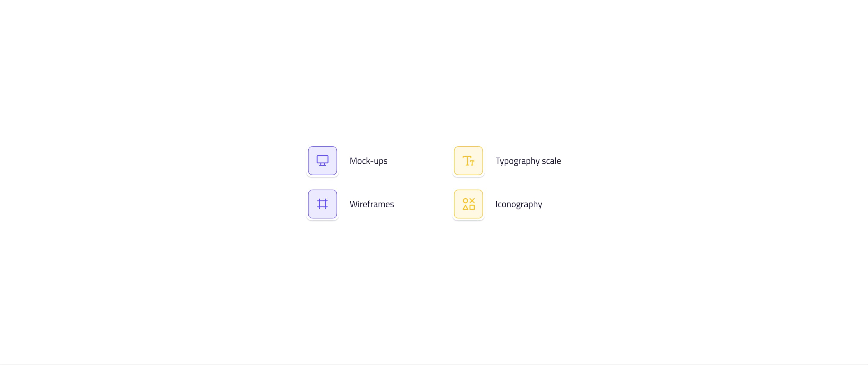 Design elements on a white background: purple icons labeled Mock-ups and Wireframes, yellow icons labeled Typography scale and Iconography. Minimalist style.