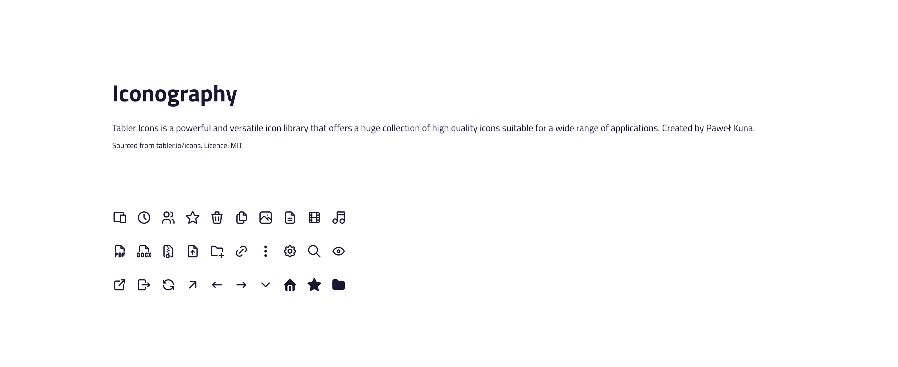 A collection of simple, black icons displayed under a title Iconography. Icons include common symbols like a clock, star, trash can, and music note in two rows. Text describes Tabler Icons as a versatile library, created by Paweł Kuna, suitable for various applications.