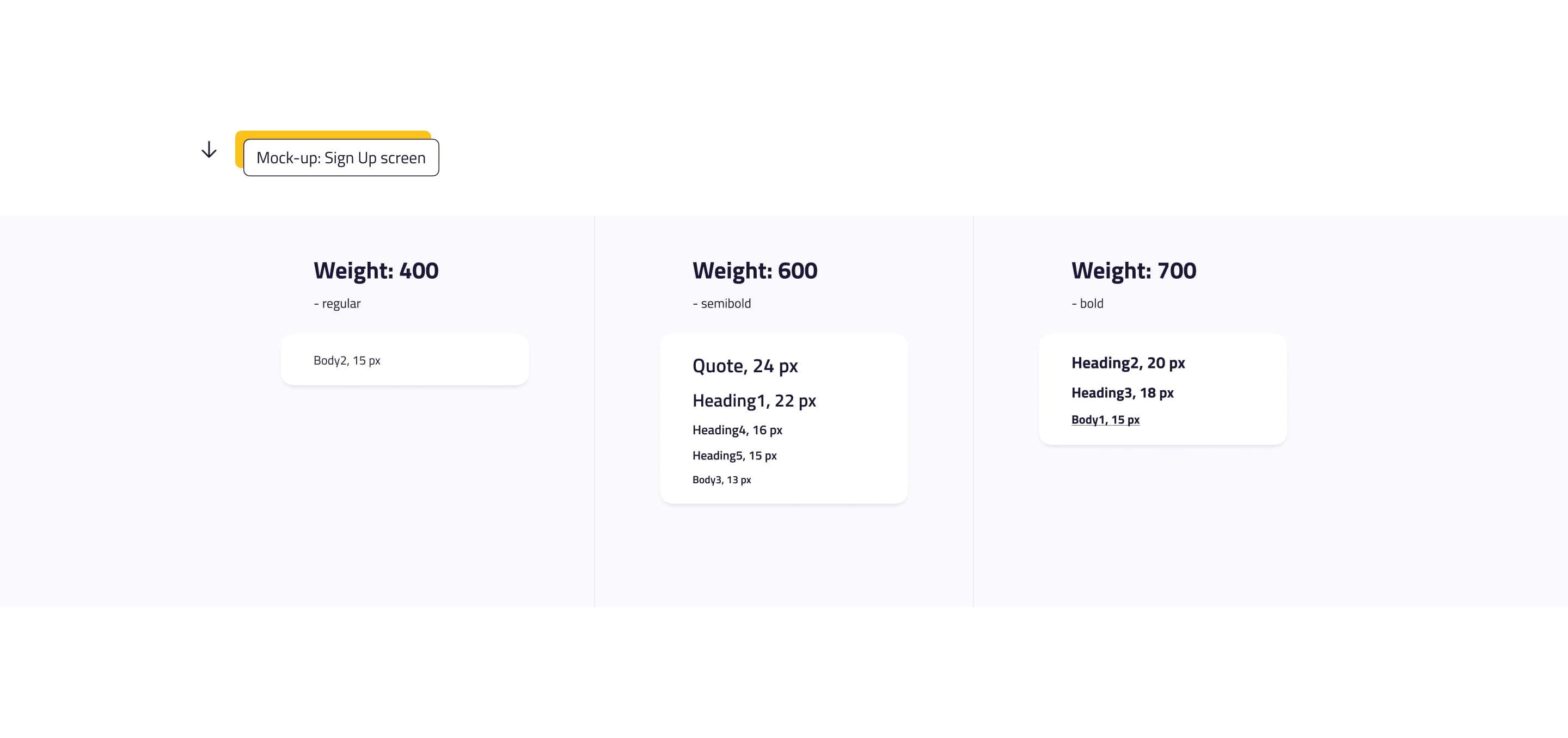 Typography mock-up for sign-up screen showing font weights, second page of information. Note on typography scales included.