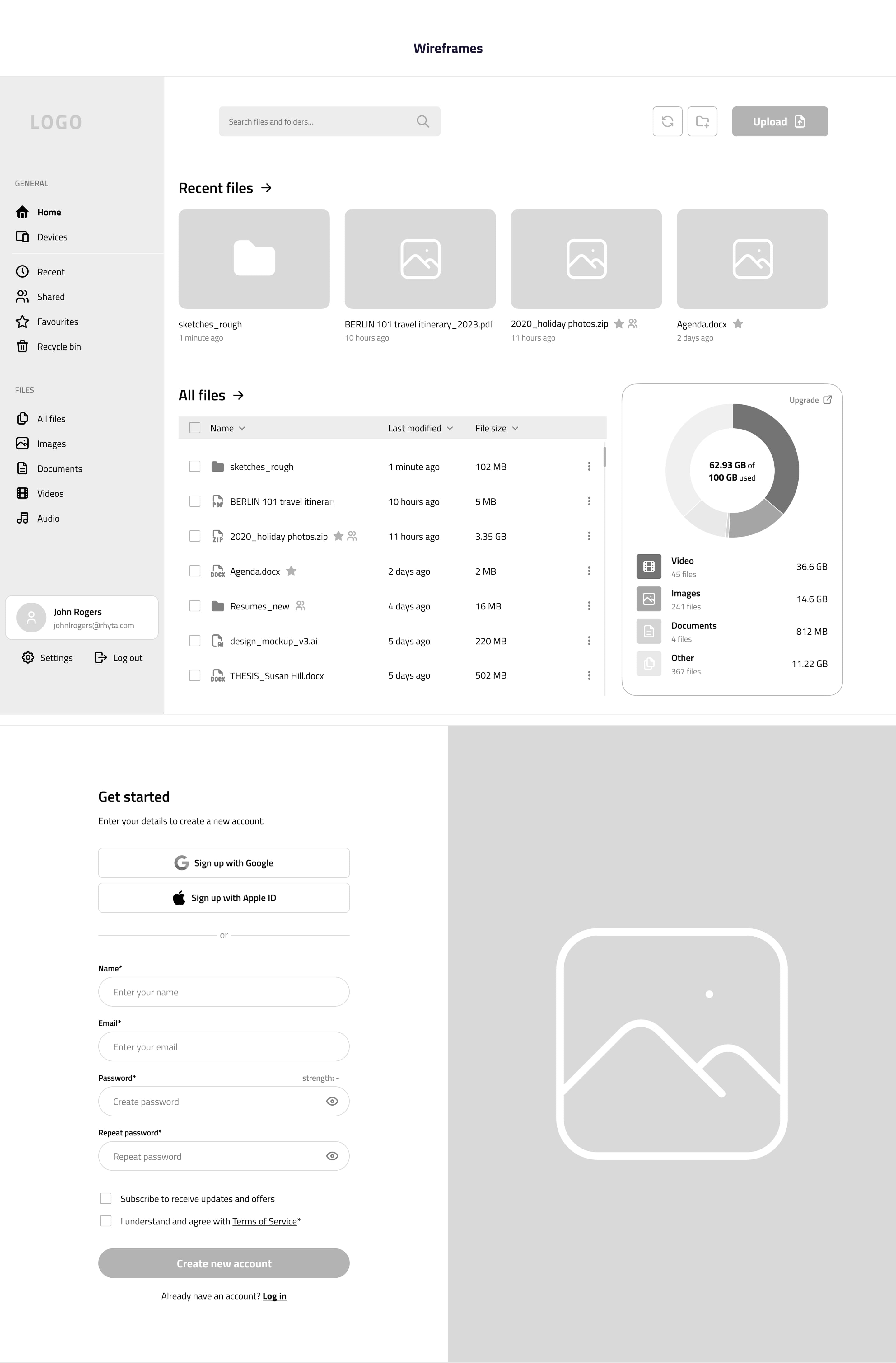 A layout with wireframes displaying a file management interface and sign-up screens.