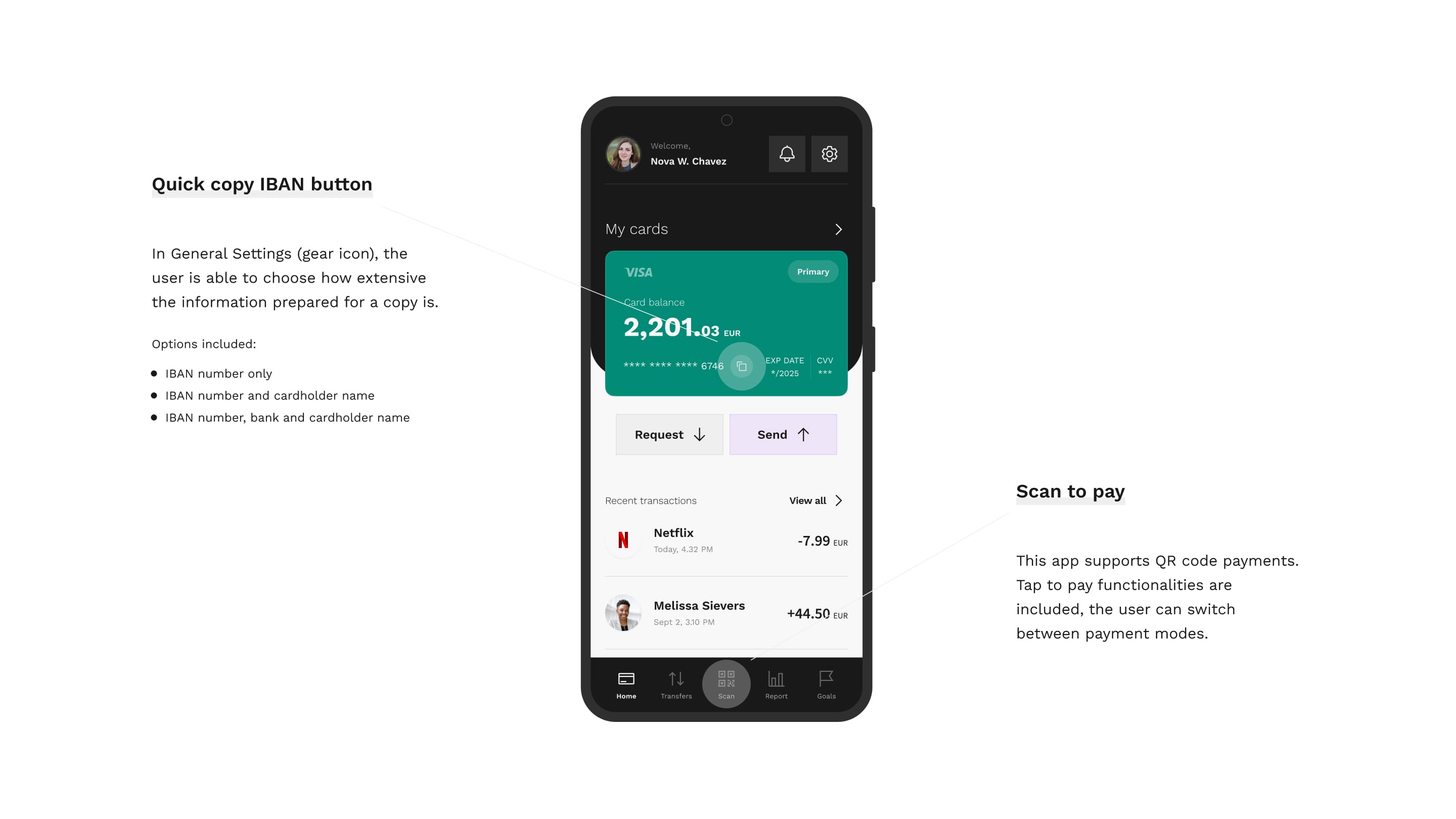 Mobile app screen showing a Visa card with a balance of 2,201.03 EUR. Features include a quick copy IBAN option and a Scan to Pay function for QR payments.